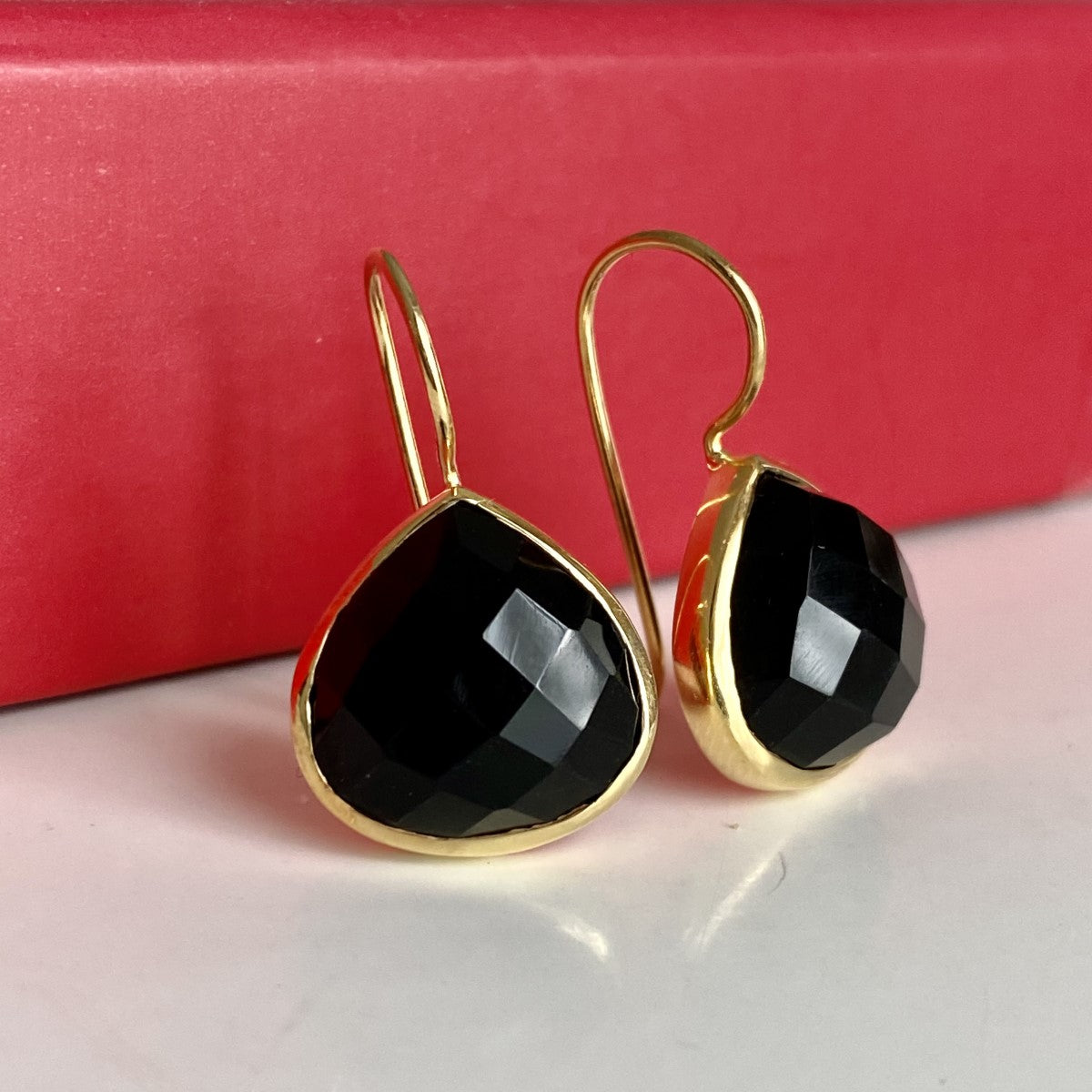 Black Onyx Gemstone Gold Plated Sterling Silver Teardrop Earrings- Milina London