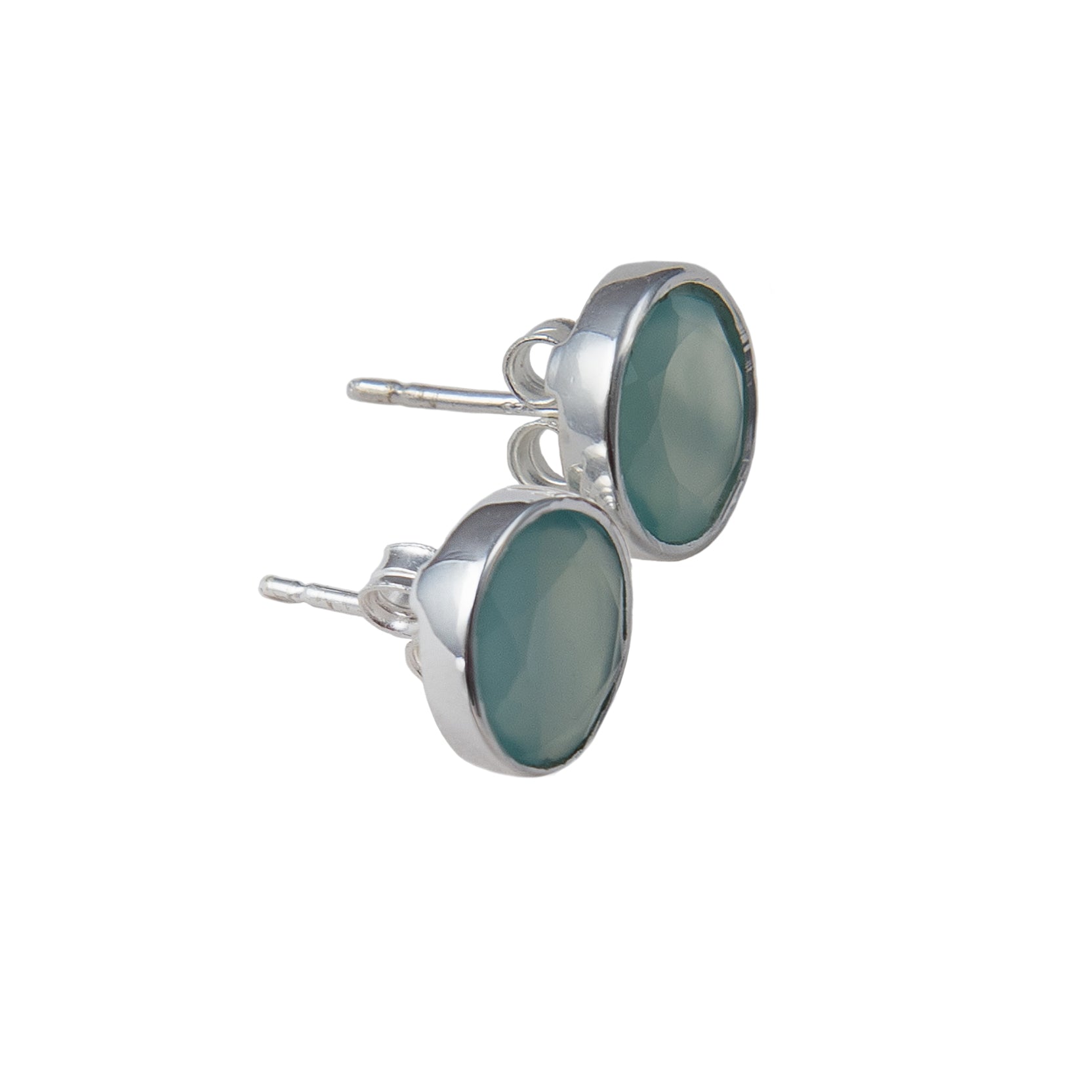 Aqua Chalcedony Studs in Sterling Silver with a Round Faceted Gemstone