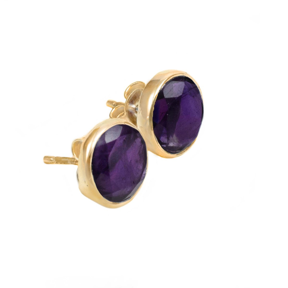 Amethyst Studs in Gold Plated Sterling Silver with a Round Faceted Gemstone