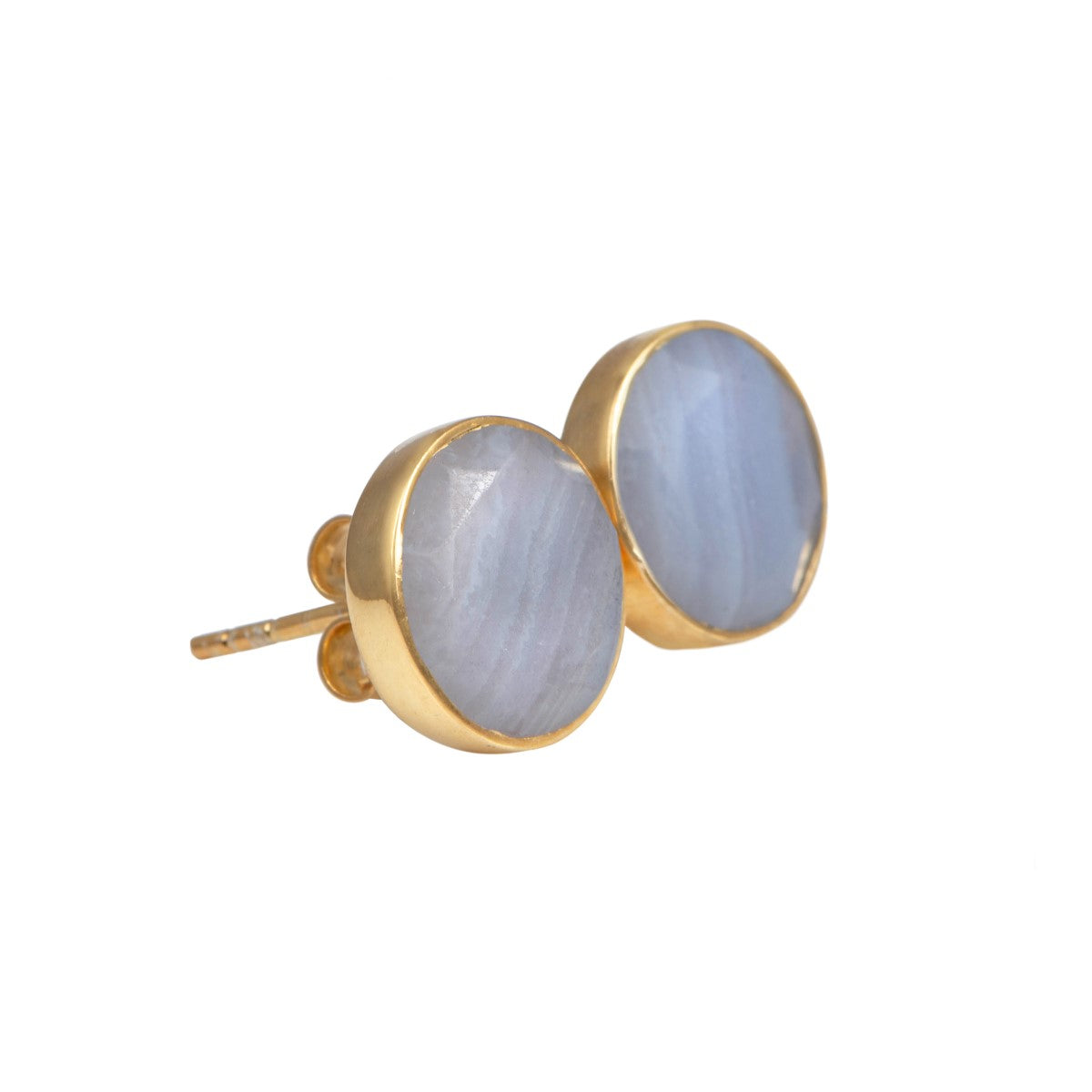 Blue Laced Agate Studs in Gold Plated Sterling Silver with a Round Faceted Gemstone