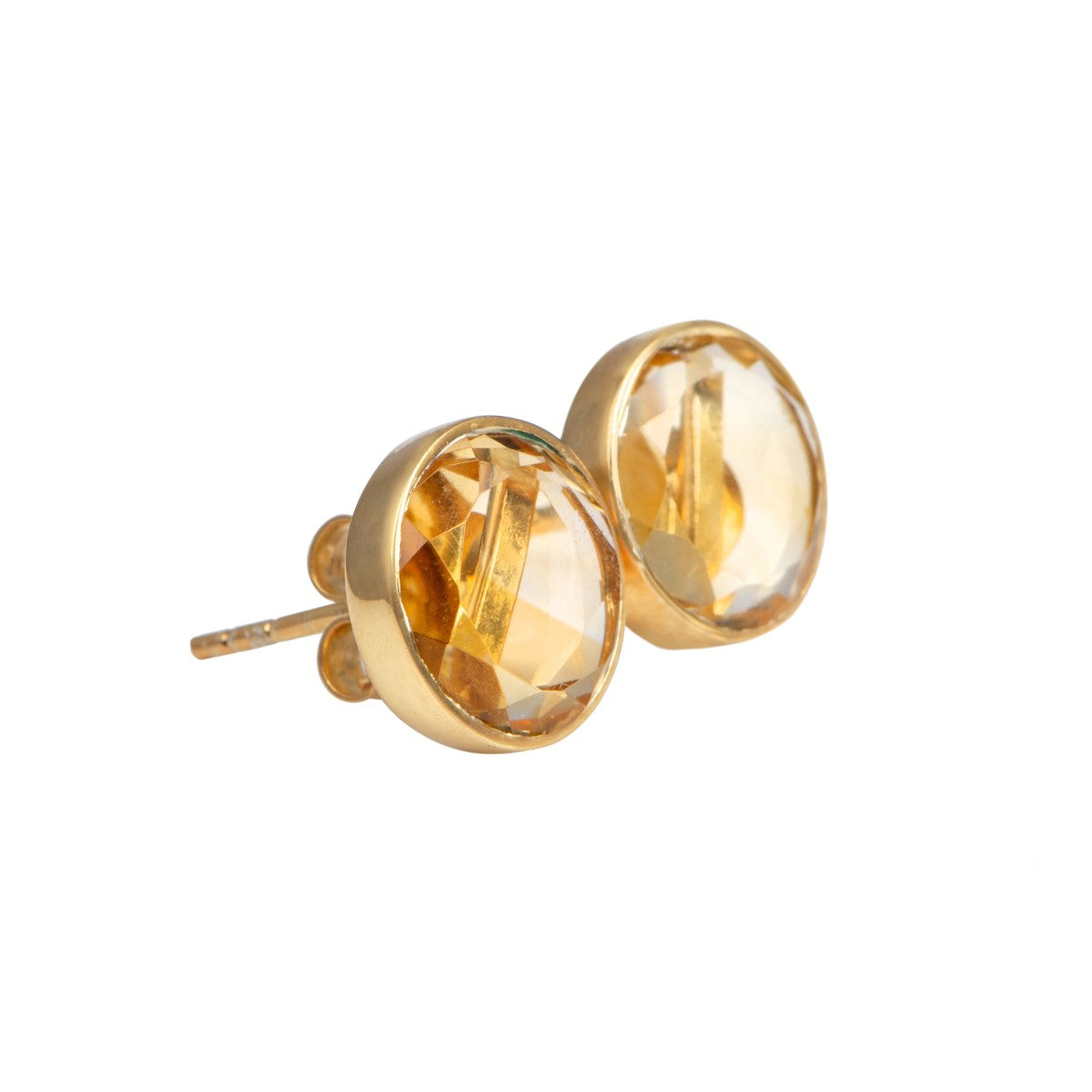 Citrine Studs in Gold Plated Sterling Silver with a Round Faceted Gemstone