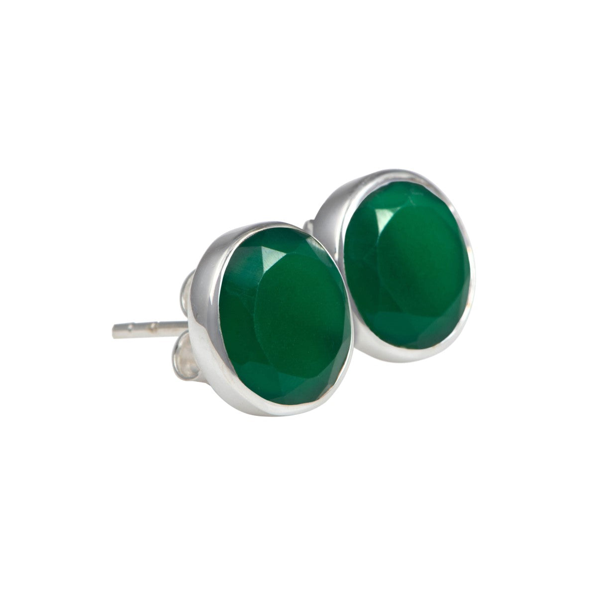 Green Onyx Studs in Sterling Silver with a Round Faceted Gemstone