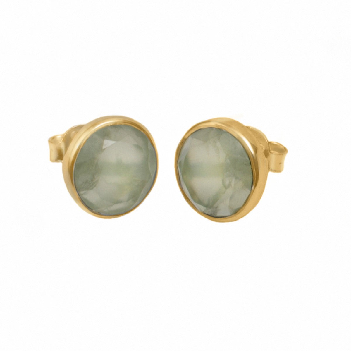 Prehnite Studs in Gold Plated Sterling Silver with a Round Faceted Gemstone