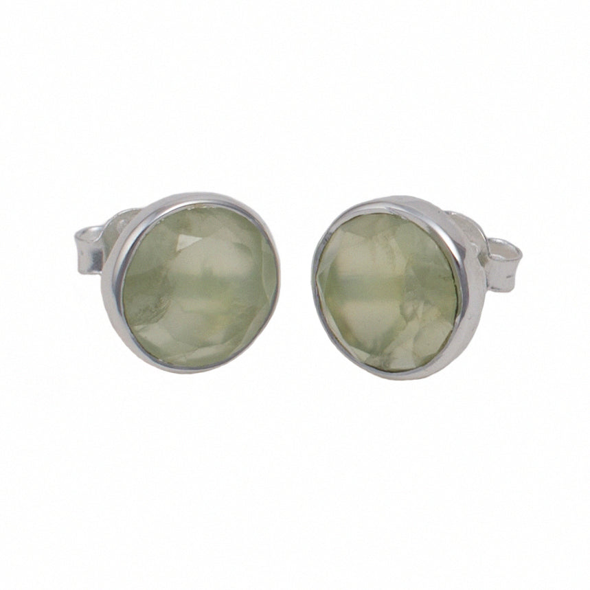 Prehnite Studs in Sterling Silver with a Round Faceted Gemstone