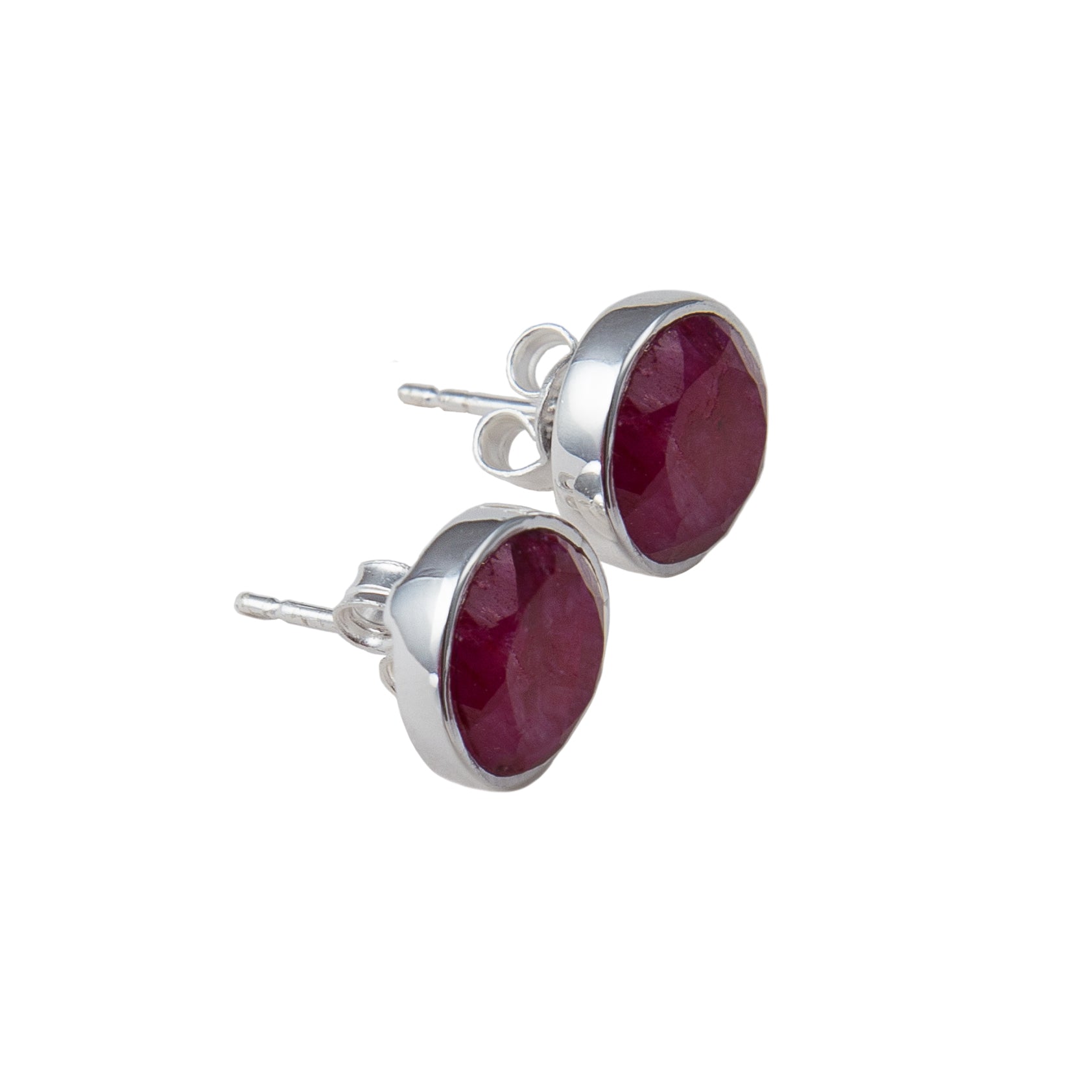 Ruby Quartz Studs in Sterling Silver with a Round Faceted Gemstone