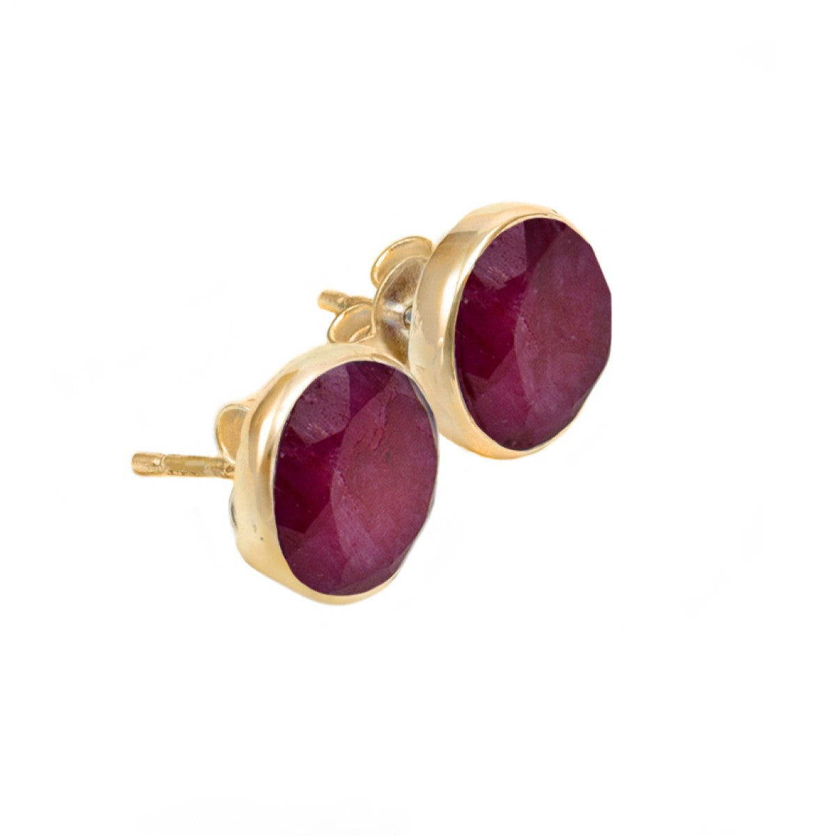 Ruby Quartz Studs in Gold Plated Sterling Silver with a Round Faceted Gemstone