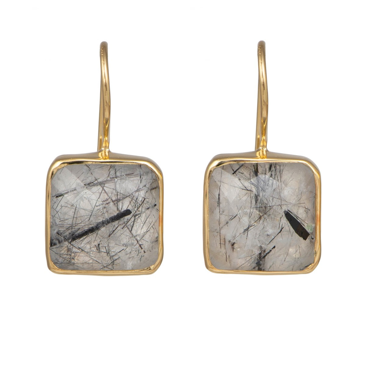 Gold Plated Sterling Silver Square Gemstone Earrings - Black Rutilated Quartz