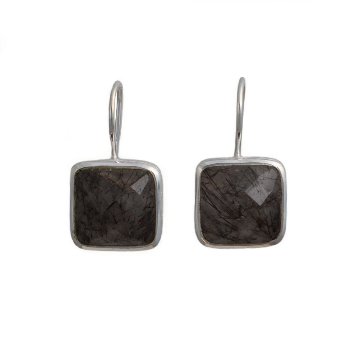 Sterling Silver Square Gemstone Earrings - Black Rutilated Quartz