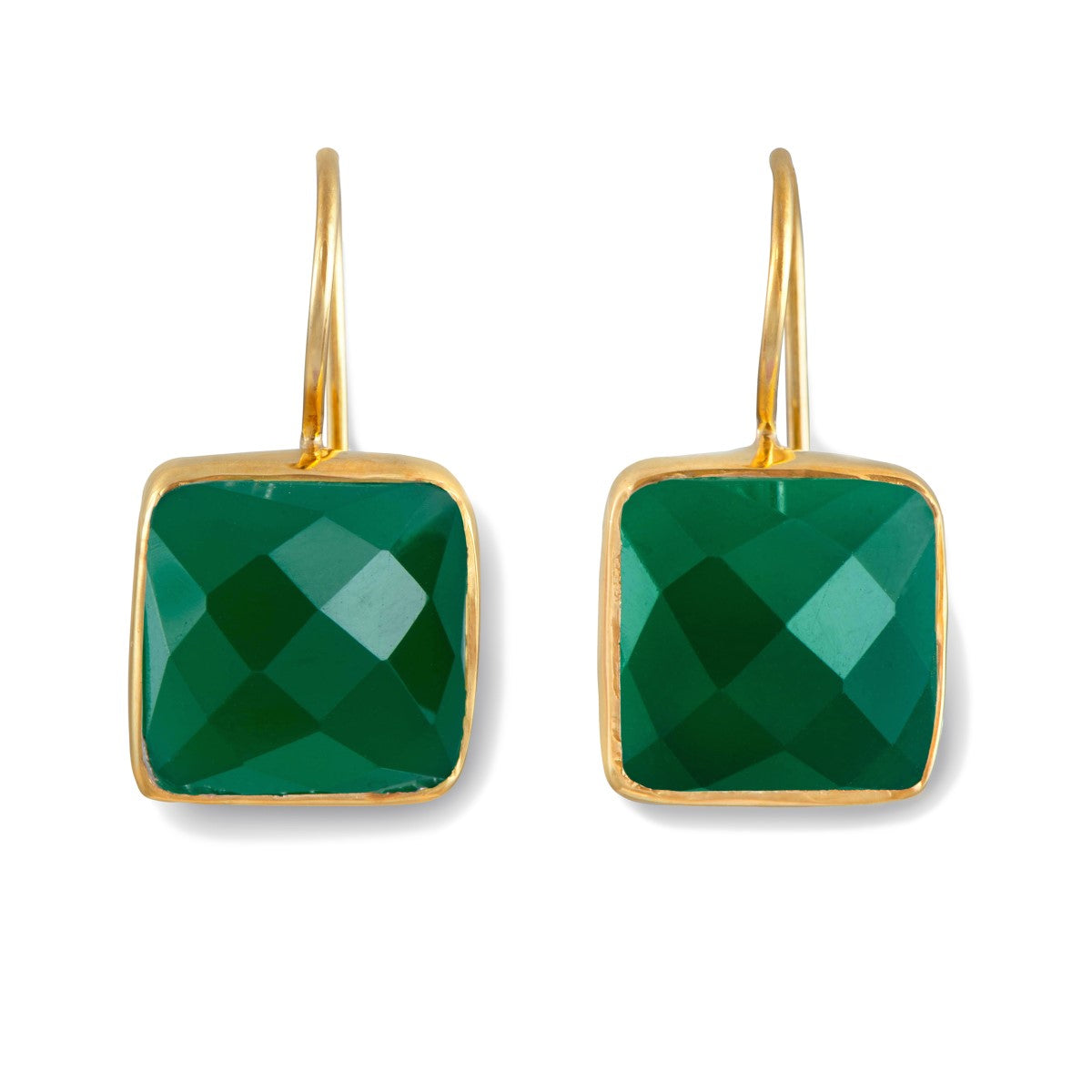 Gold Plated Sterling Silver Square Gemstone Earrings - Green Onyx