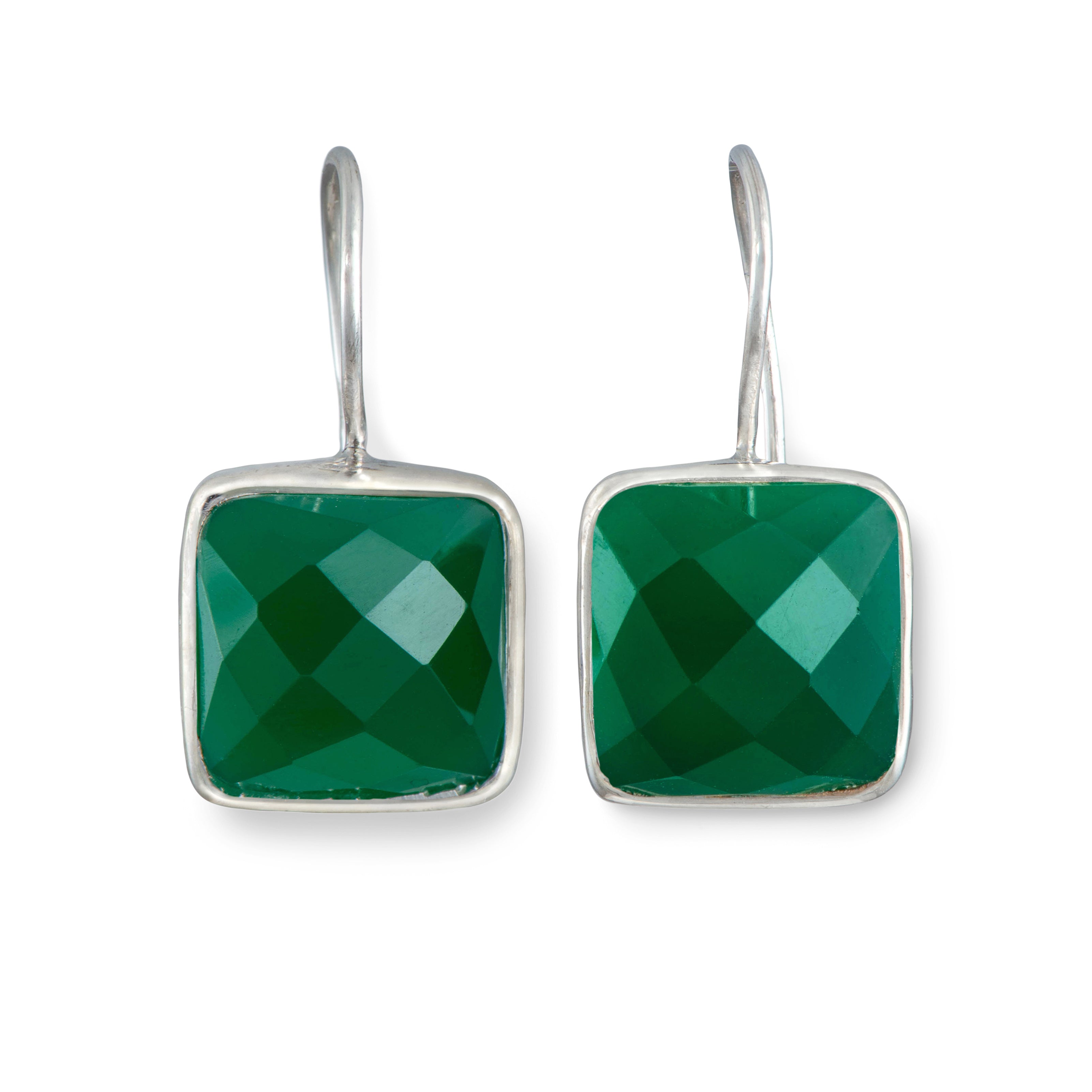 Sterling Silver Square Gemstone Earrings - Green Onyx