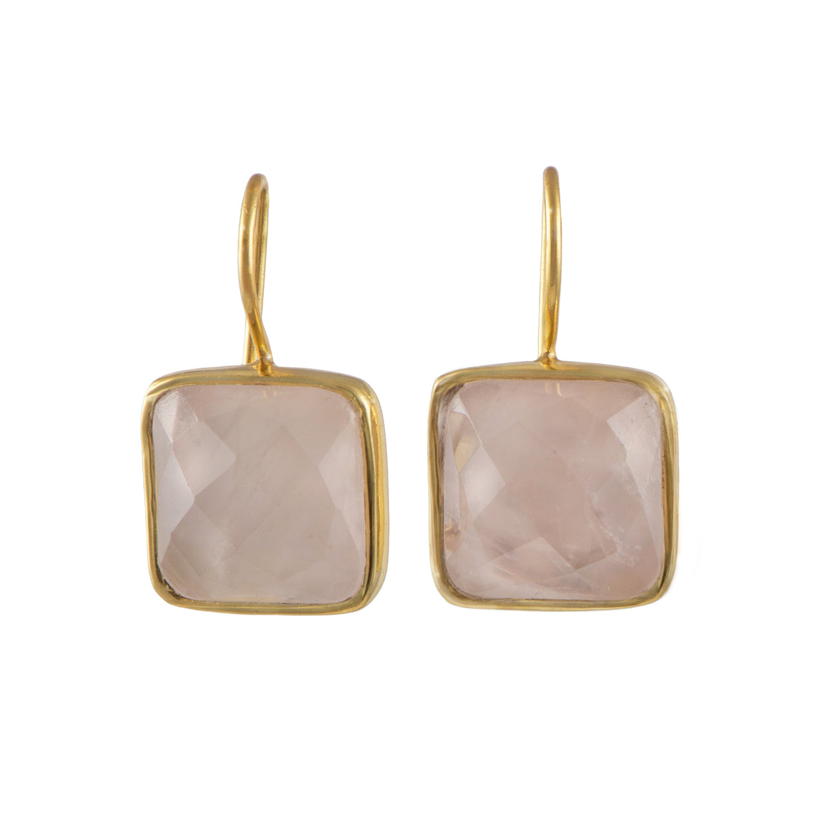 Gold Plated Sterling Silver Square Gemstone Earrings - Rose Quartz