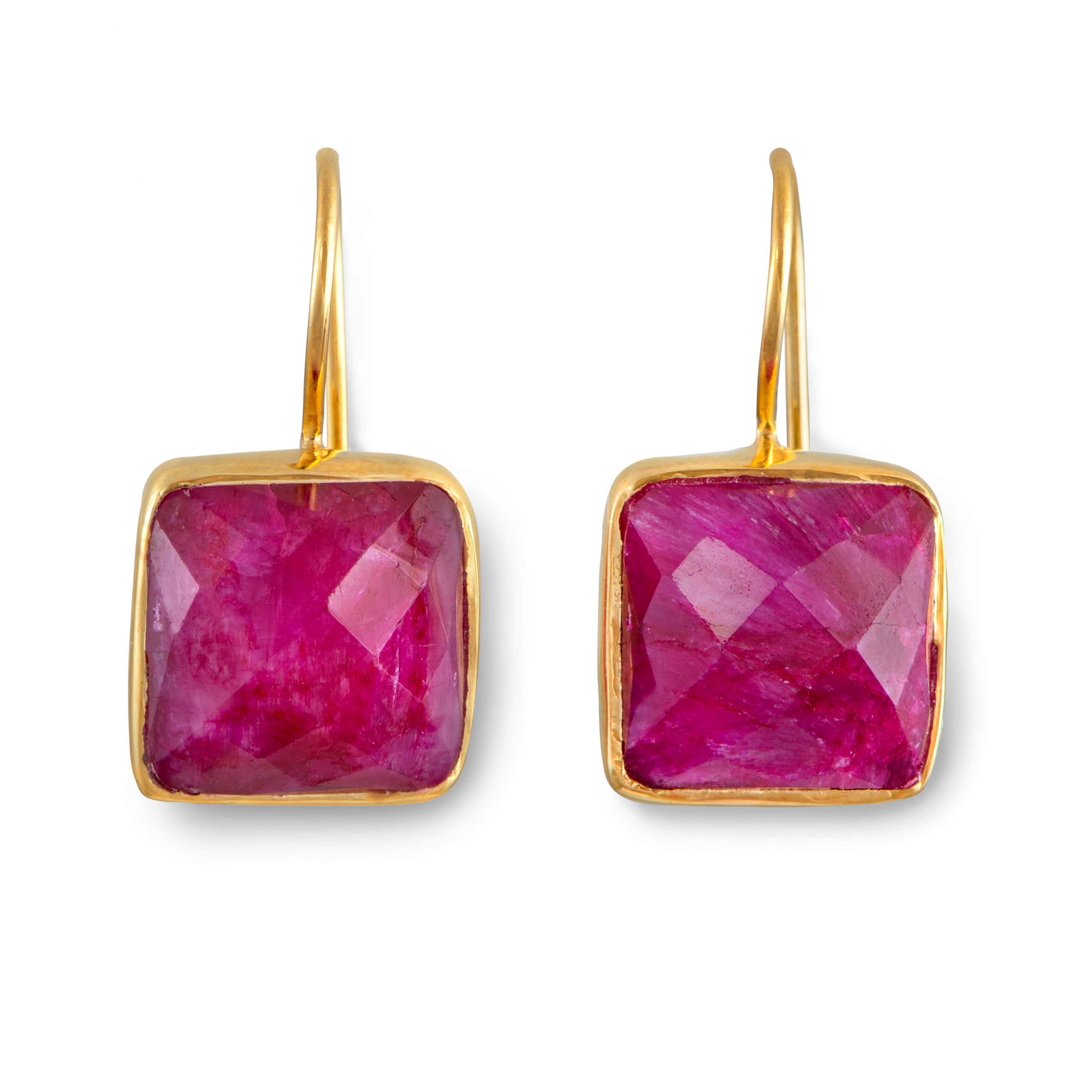 Gold Plated Sterling Silver Square Gemstone Earrings - Ruby Quartz