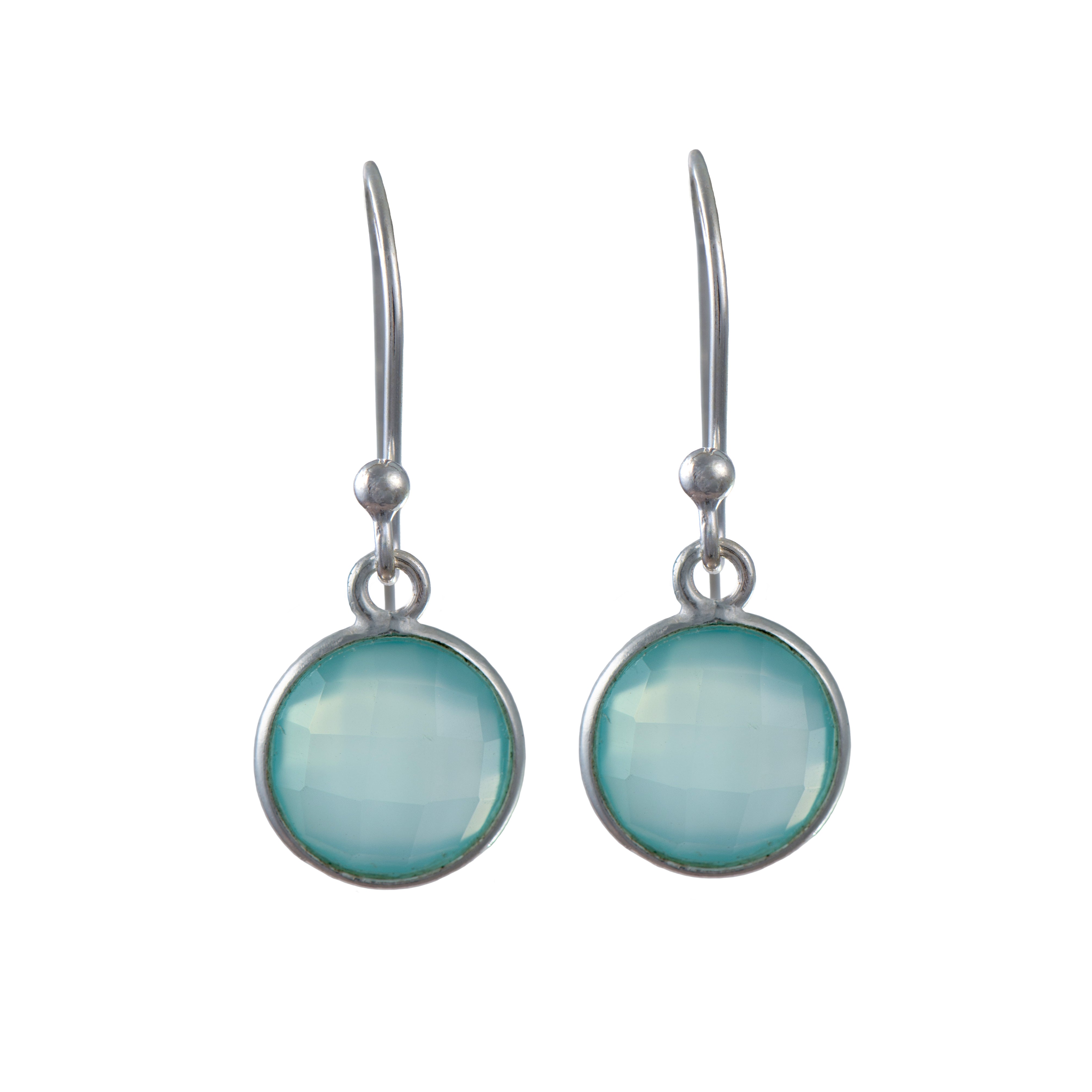 Aqua Chalcedony Sterling Silver Earrings with a Round Faceted Gemstone Drop