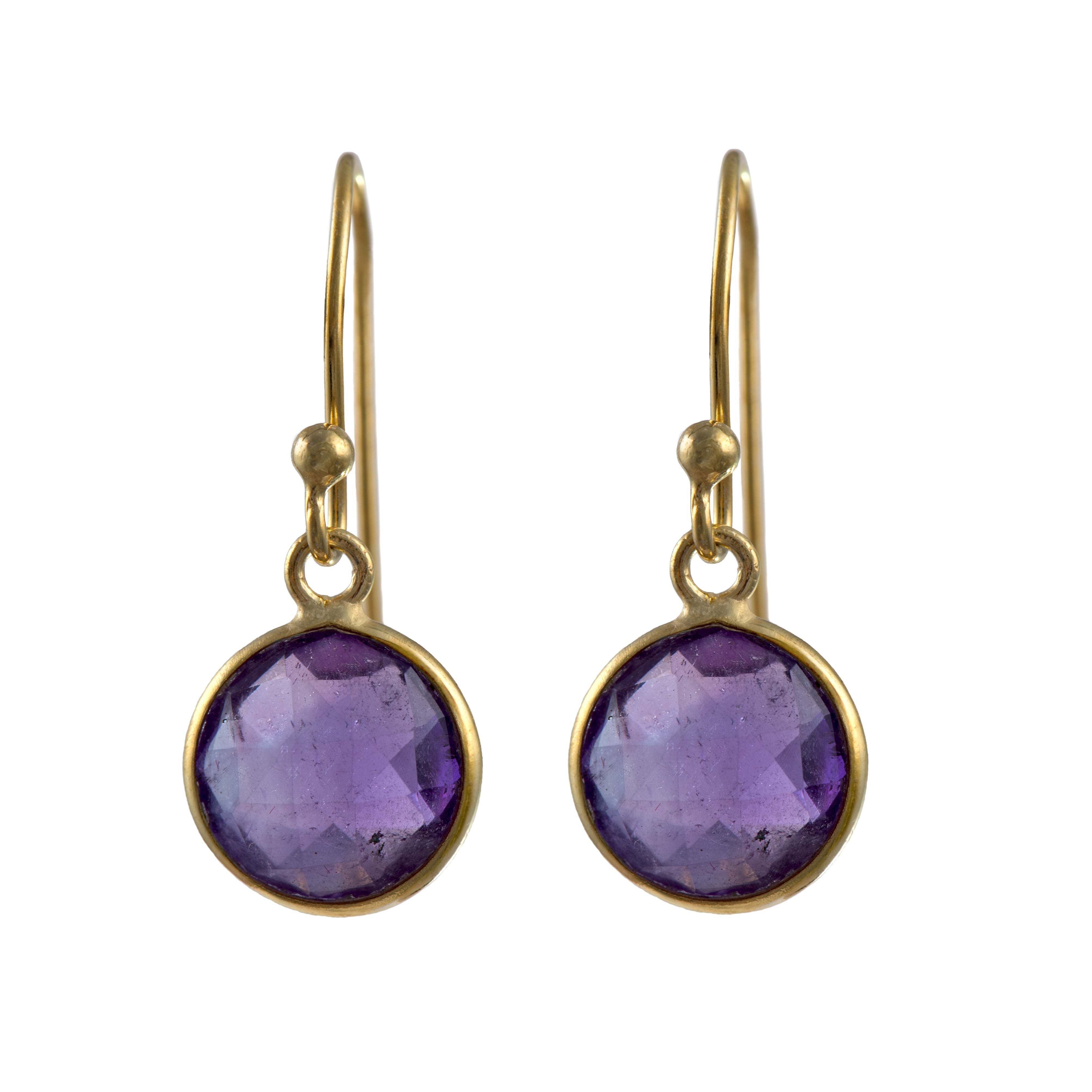 Amethyst Gold Plated Sterling Silver Earrings with a Round Faceted Gemstone Drop