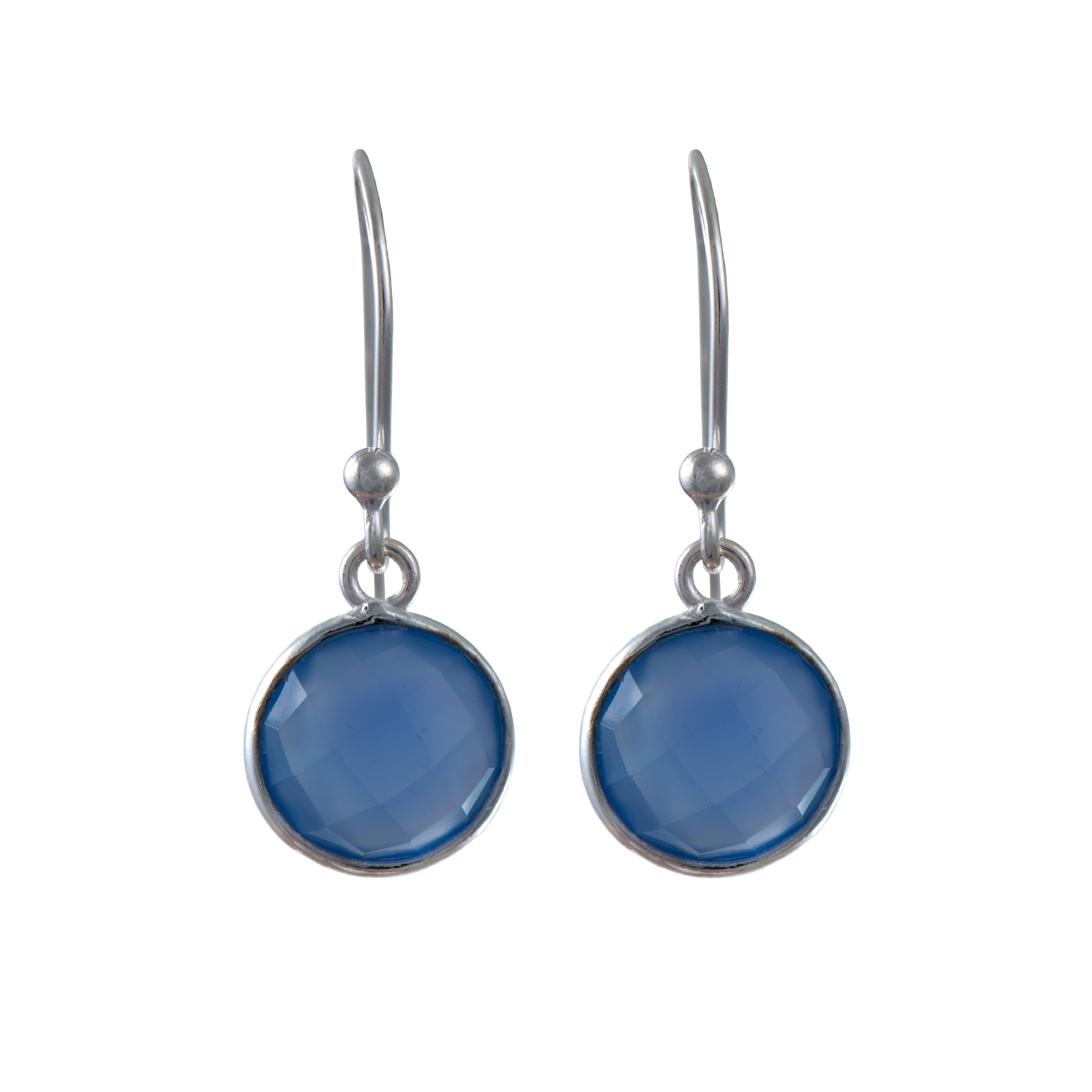 Blue Chalcedony Sterling Silver Earrings with a Round Faceted Gemstone Drop