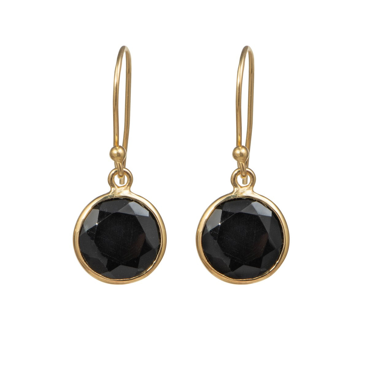 Black Onyx Gold Plated Sterling Silver Earrings with a Round Faceted Gemstone Drop