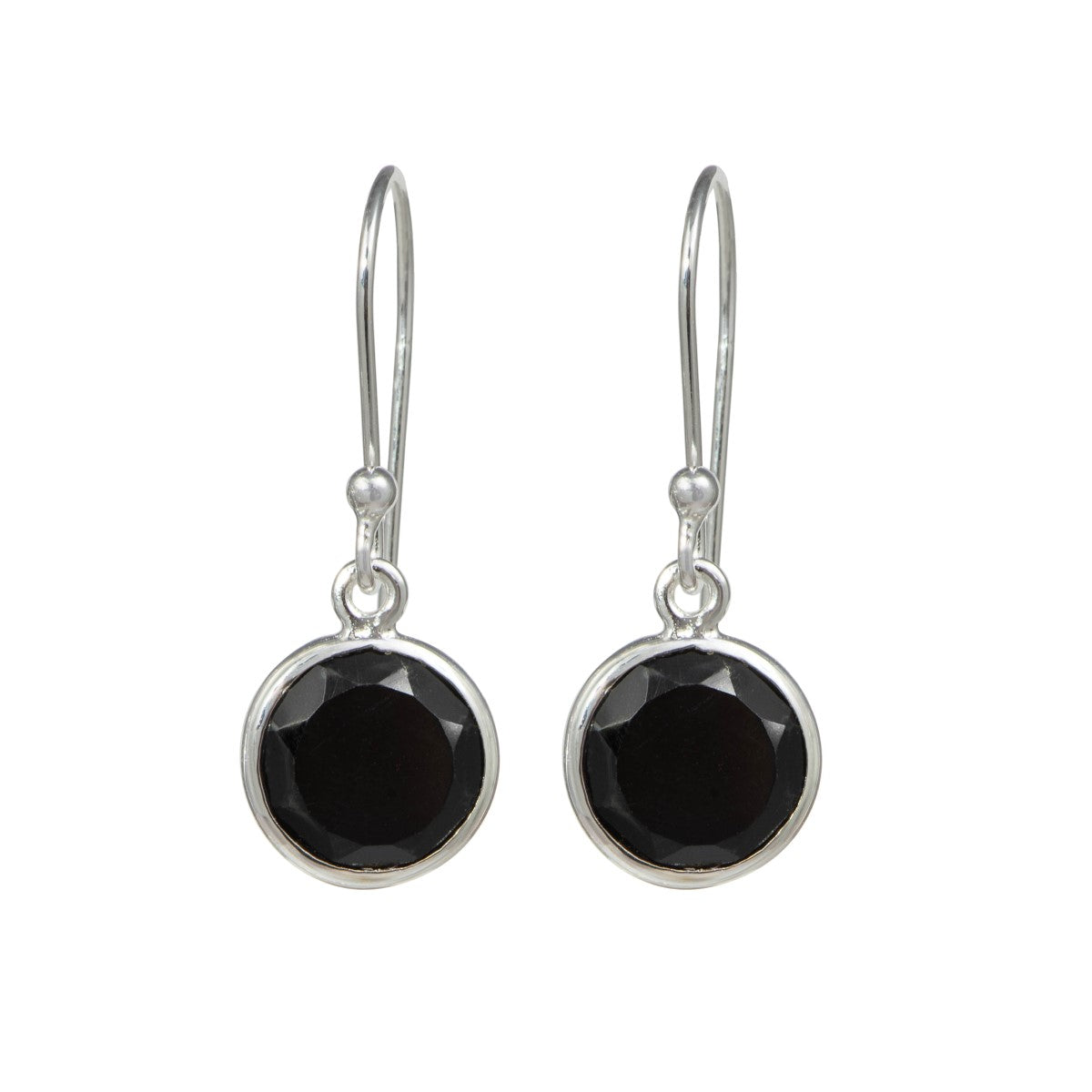 Black Onyx Sterling Silver Earrings with a Round Faceted Gemstone Drop