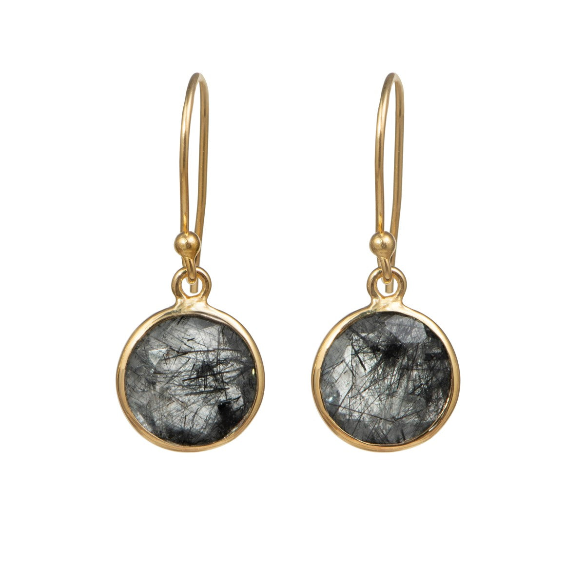 Black Rutilated Quartz Gold Plated Sterling Silver Earrings with a Round Faceted Gemstone Drop