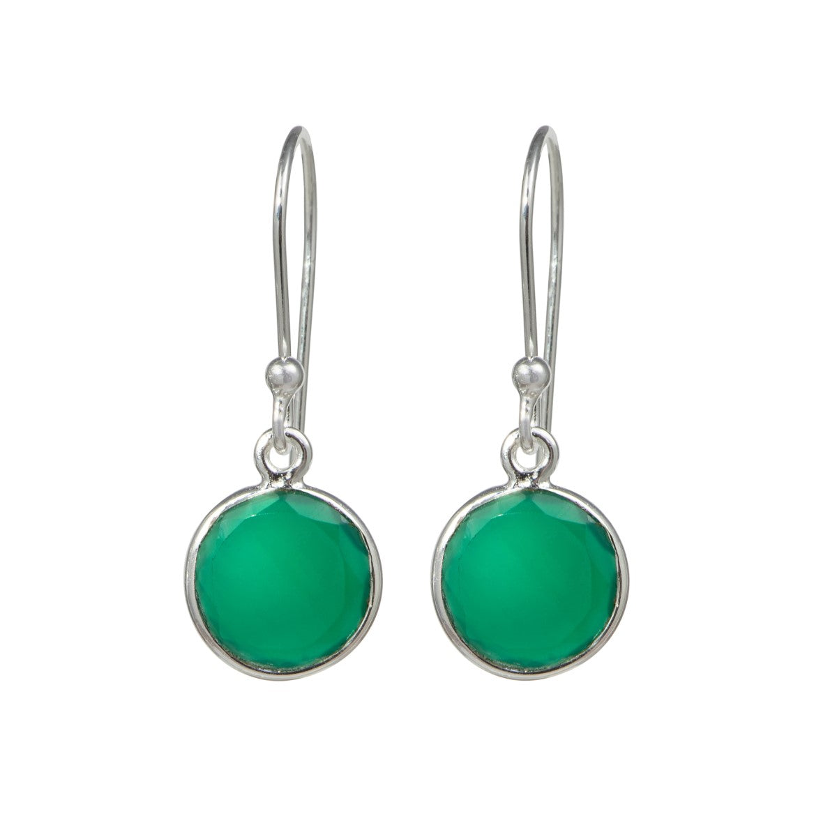 Green Onyx Sterling Silver Earrings with a Round Faceted Gemstone Drop