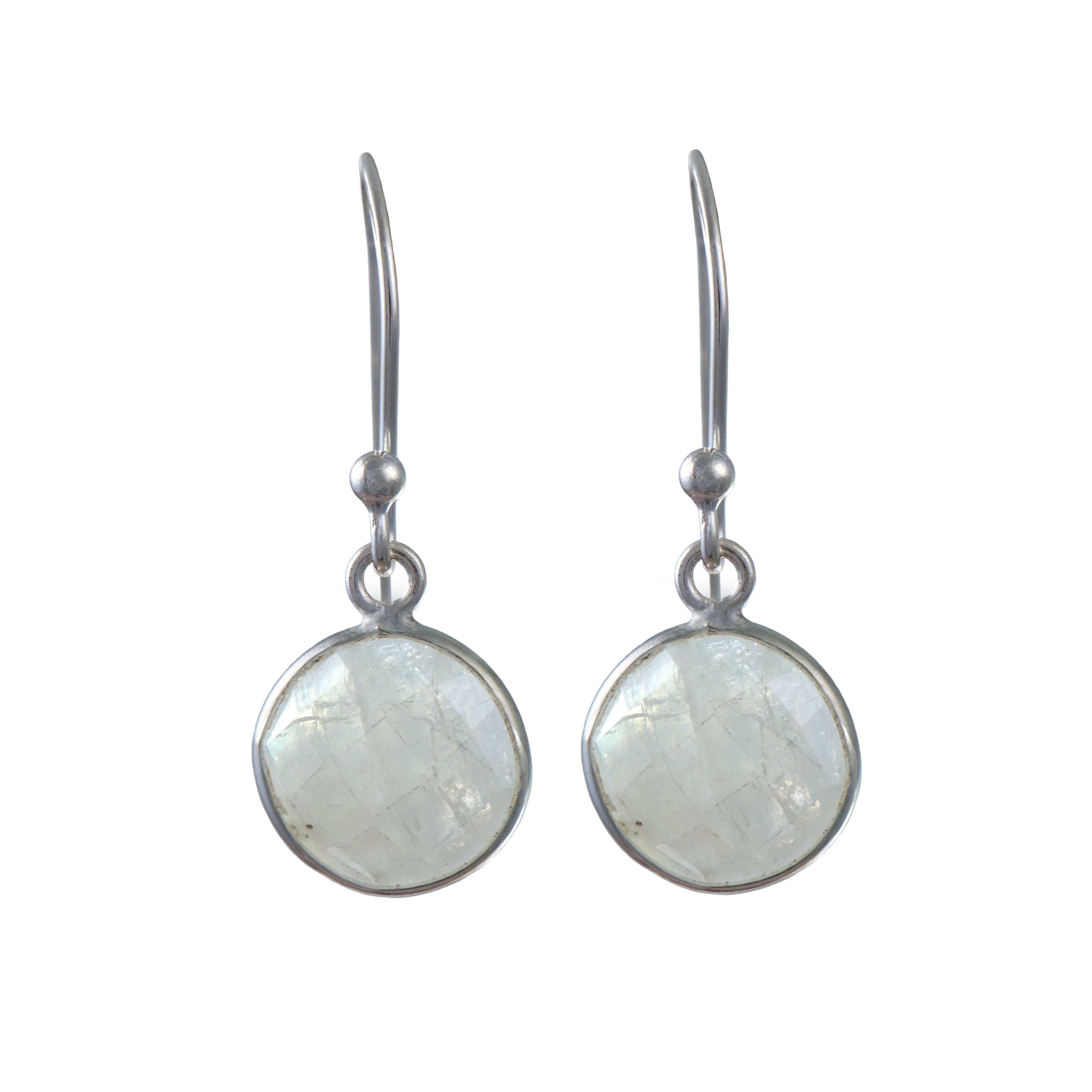 Moonstone Sterling Silver Earrings with a Round Faceted Gemstone Drop