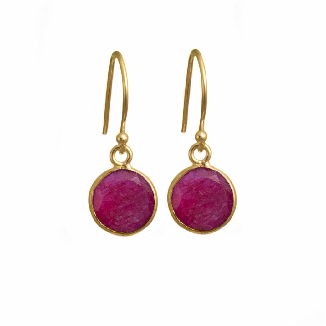 Ruby Quartz Gold Plated Sterling Silver Earrings with a Round Faceted Gemstone Drop