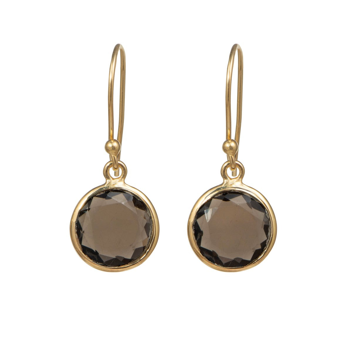 Smoky Quartz Gold Plated Sterling Silver Earrings with a Round Faceted Gemstone Drop