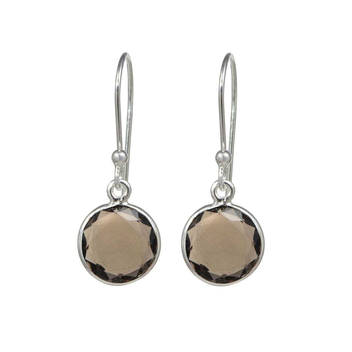Smoky Quartz Sterling Silver Earrings with a Round Faceted Gemstone Drop