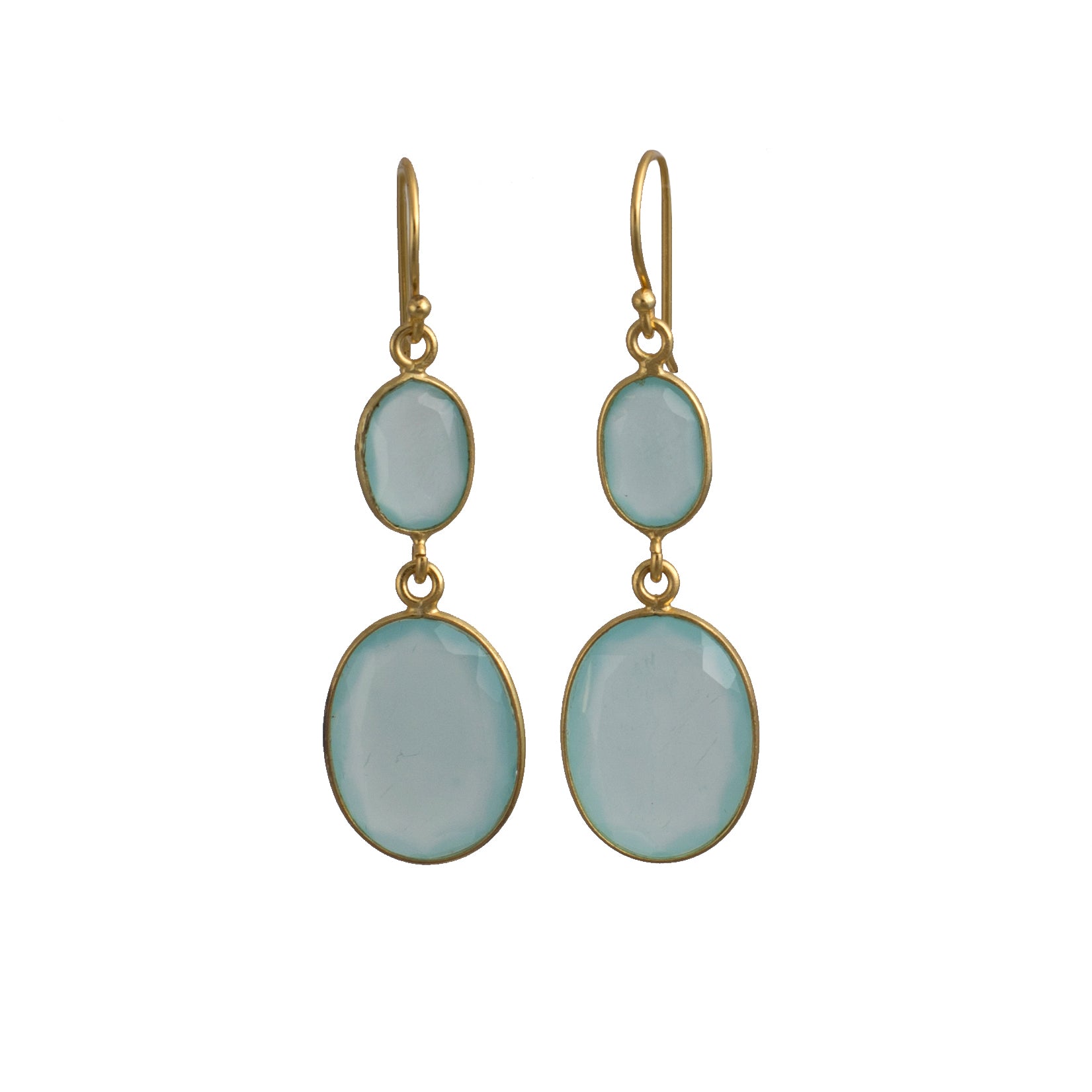 Gold Plated Sterling Silver Natural Gemstone Long Earrings - Aqua Chalcedony