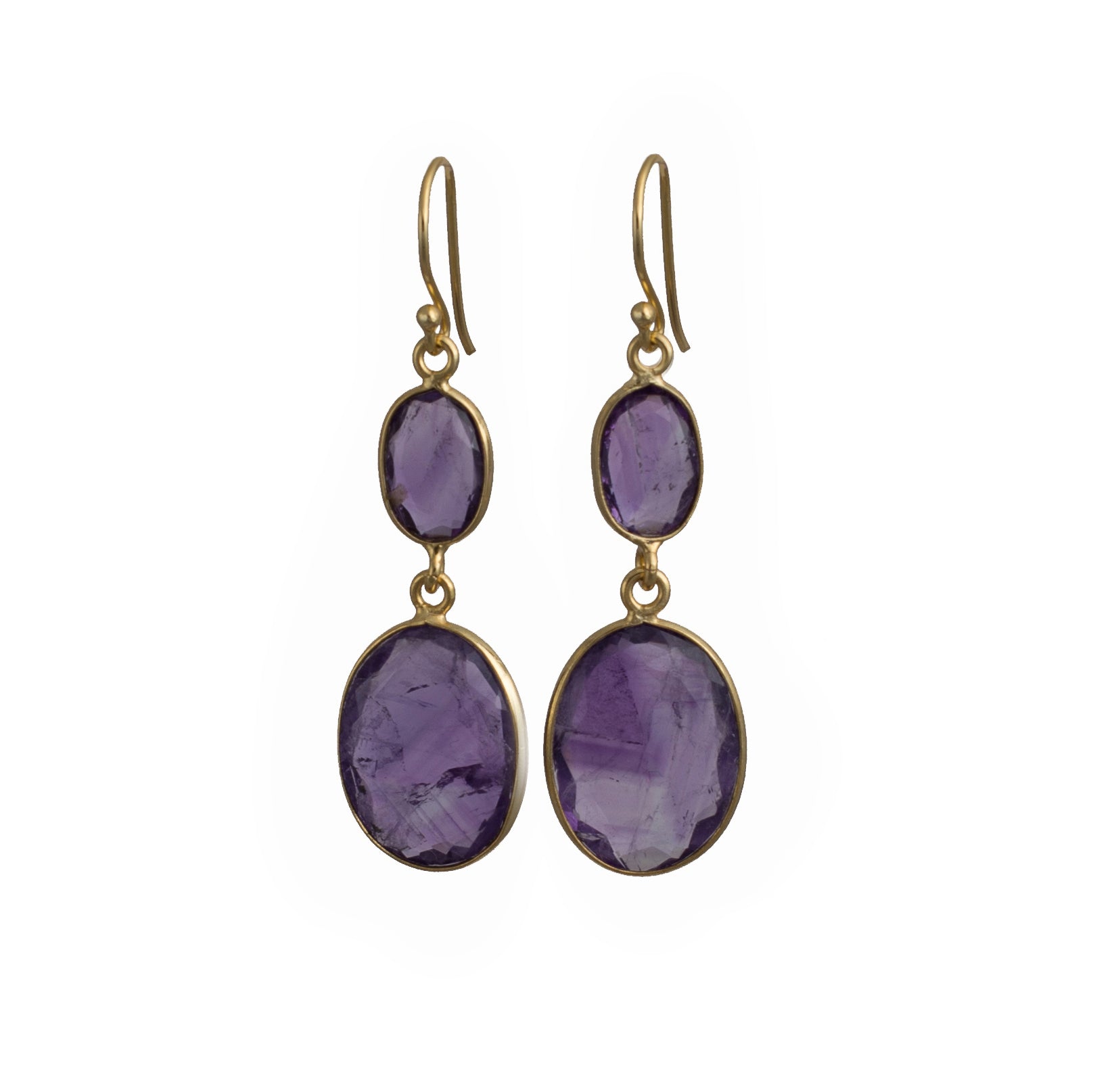 Gold Plated Sterling Silver Natural Gemstone Long Earrings - Amethyst