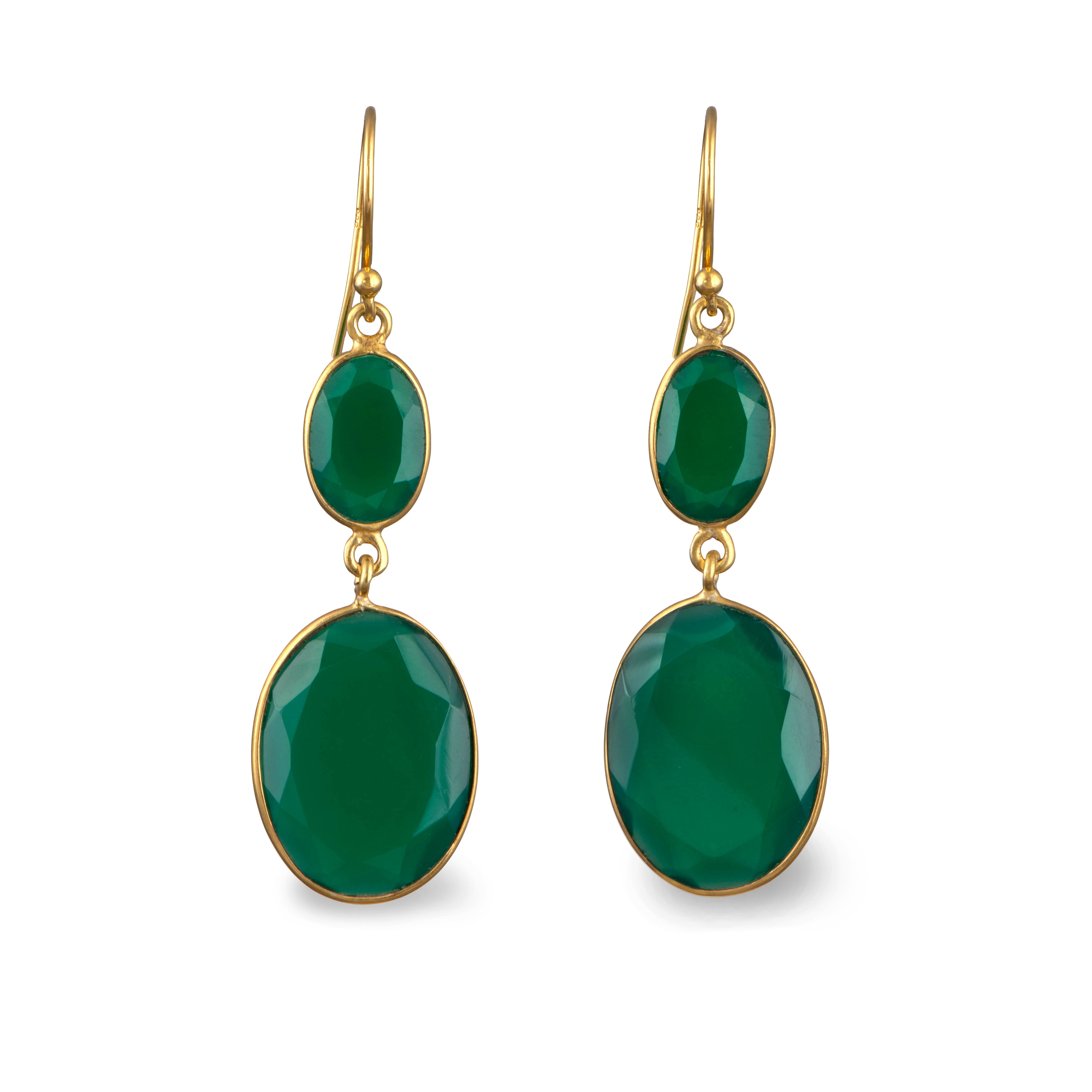 Gold Plated Sterling Silver Natural Gemstone Long Earrings - Green Onyx