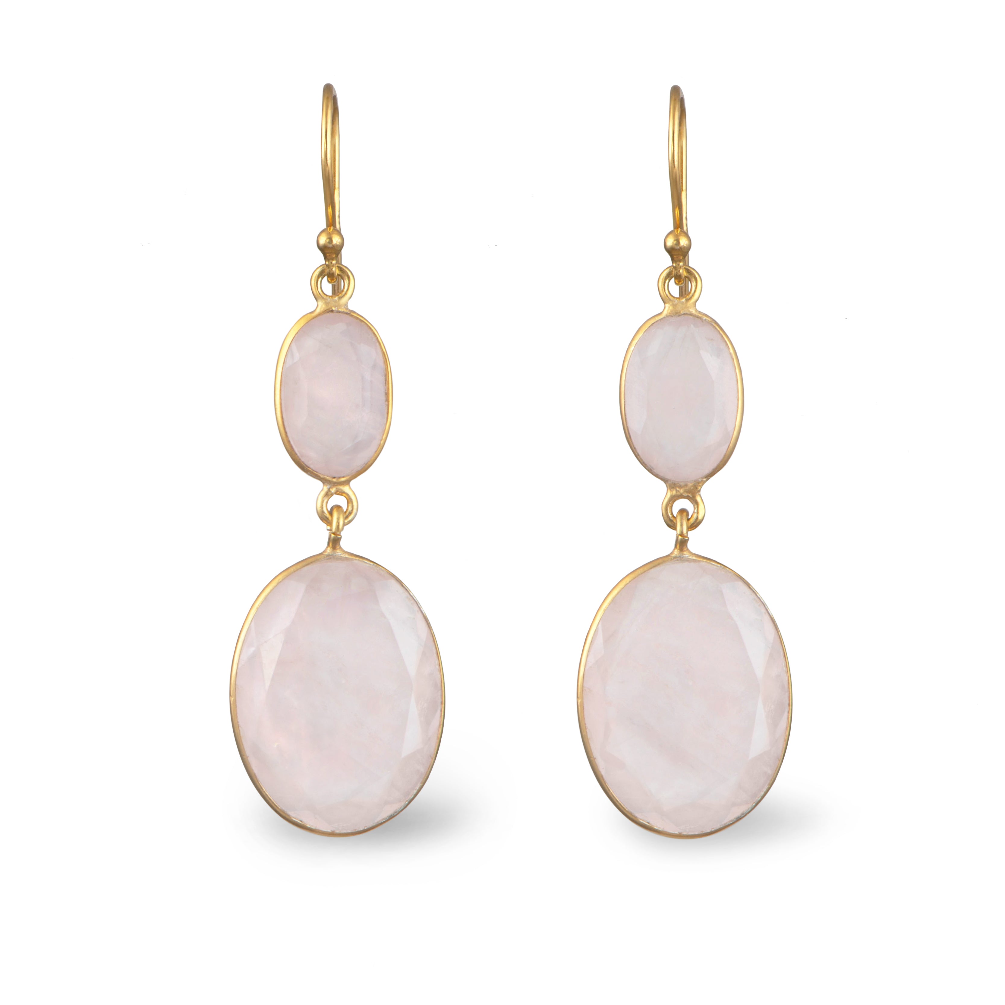 Gold Plated Sterling Silver Natural Gemstone Long Earrings - Rose Quartz