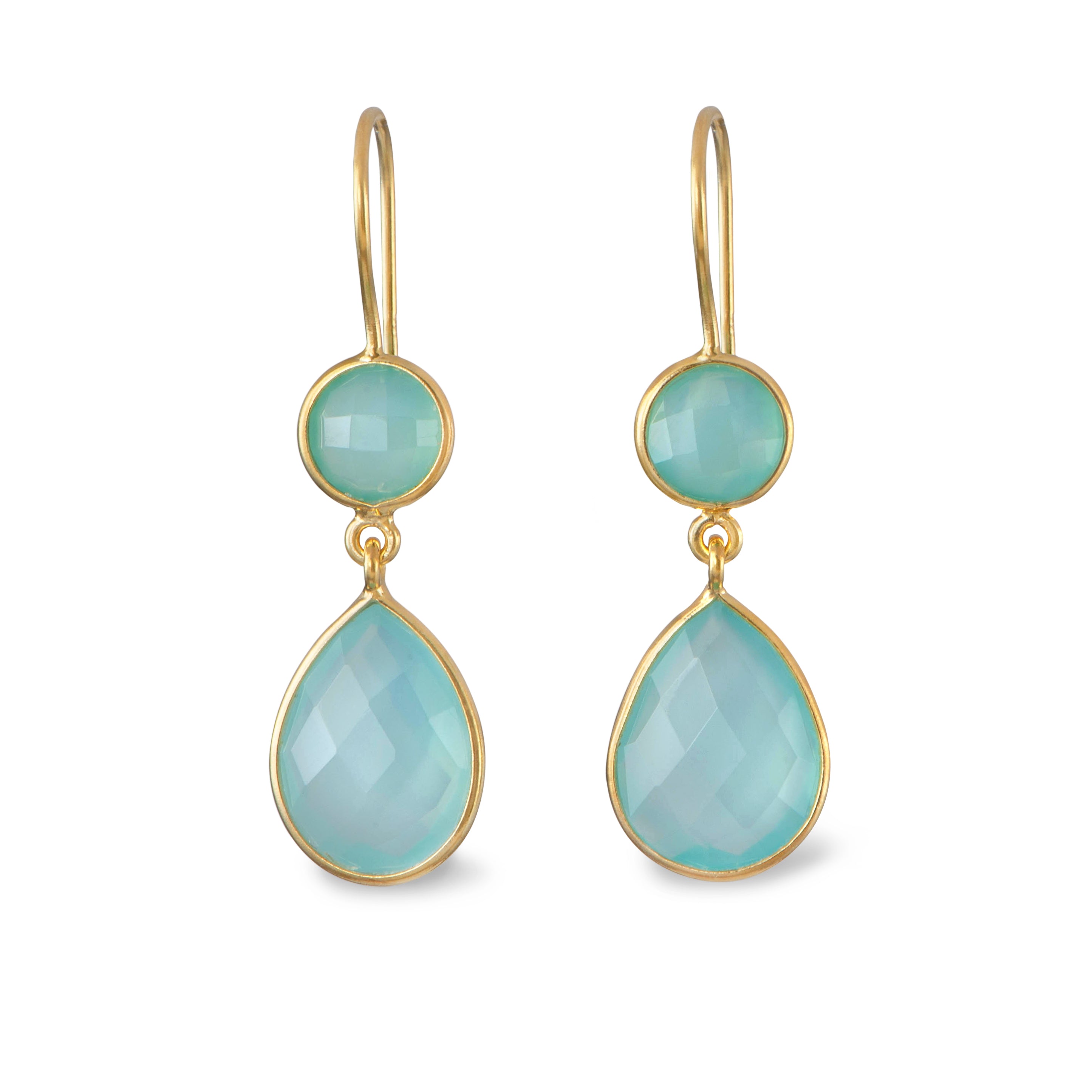 Aqua Chalcedony Gemstone Two Stone Earrings in Gold Plated Sterling Silver - Teardrop