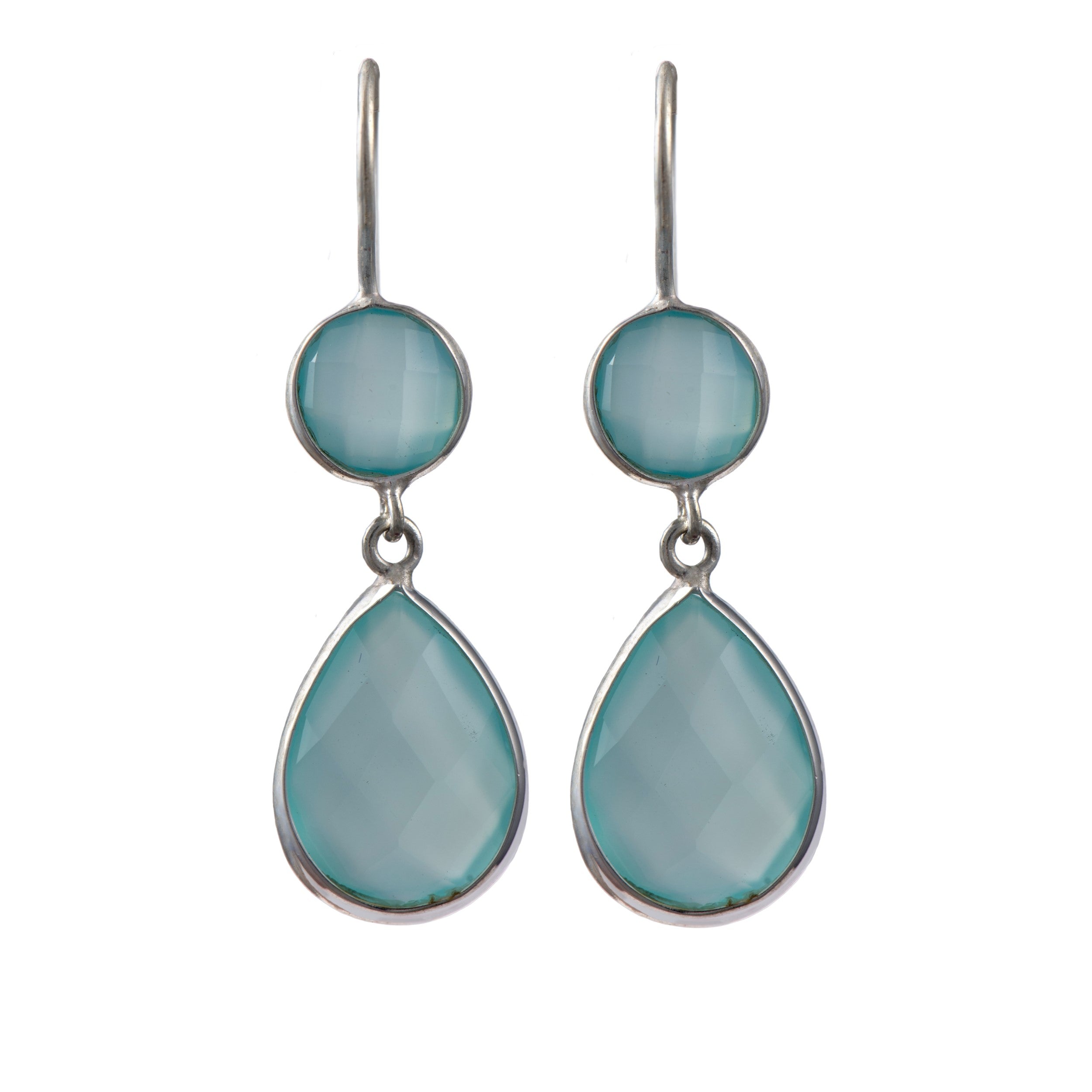 Aqua Chalcedony Gemstone Two Stone Earrings in Sterling Silver - Teardrop