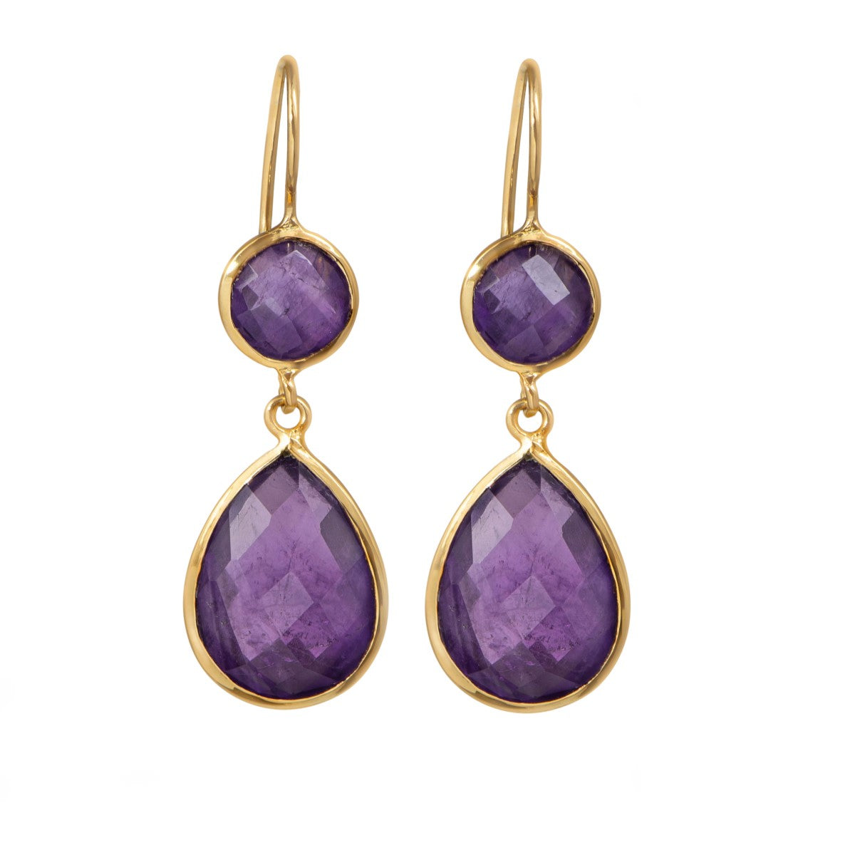 Amethyst Gemstone Two Stone Earrings in Gold Plated Sterling Silver - Teardrop