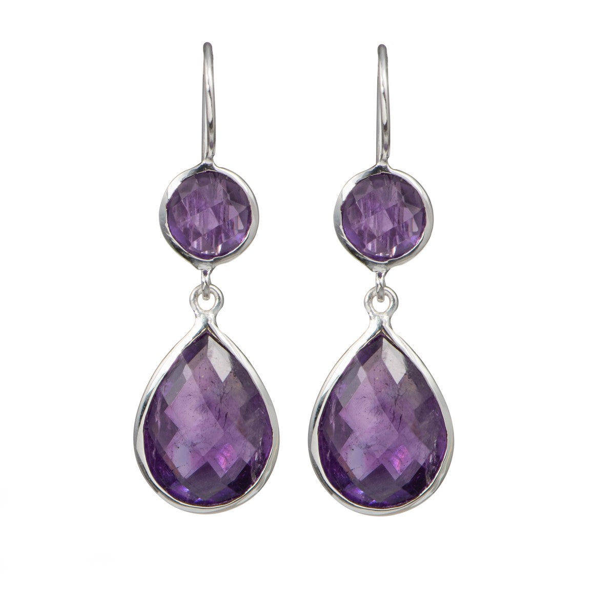 Amethyst Gemstone Two Stone Earrings in Sterling Silver - Teardrop