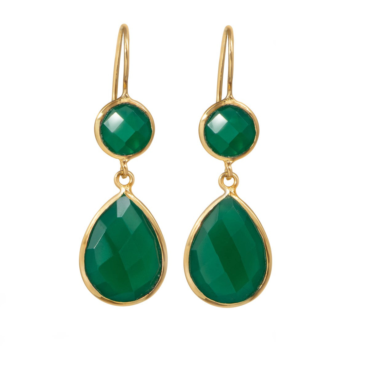 Green Onyx Gemstone Two Stone Earrings in Gold Plated Sterling Silver - Teardrop