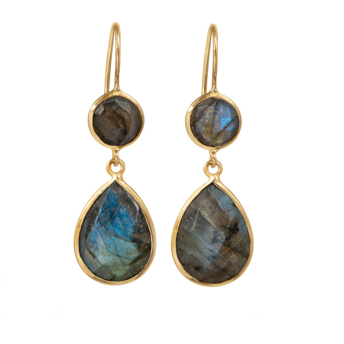 Labradorite Gemstone Two Stone Earrings in Gold Plated Sterling Silver - Teardrop