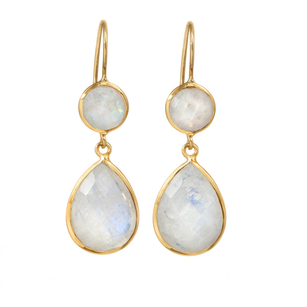 Moonstone Gemstone Two Stone Earrings in Gold Plated Sterling Silver - Teardrop