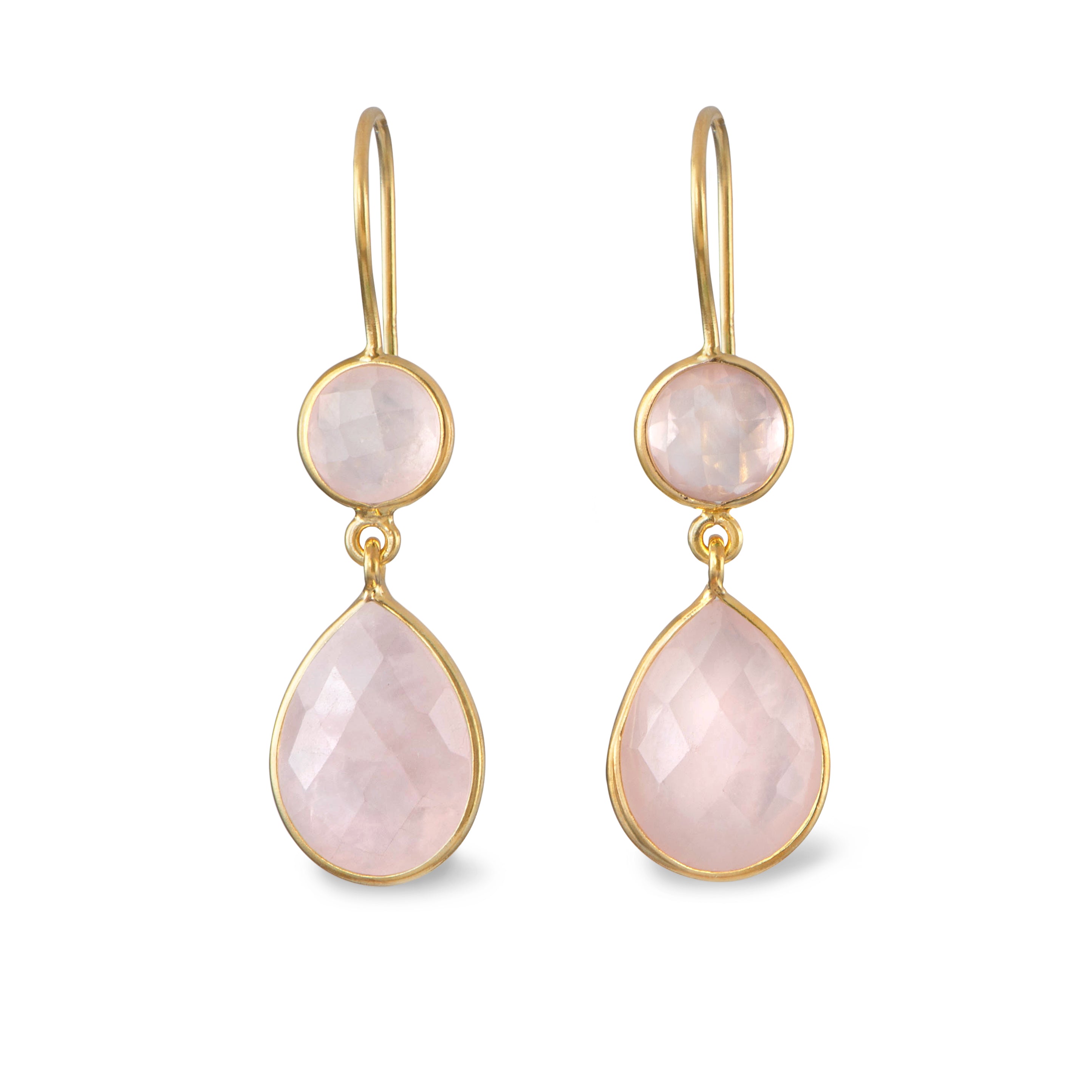 Rose Quartz Gemstone Two Stone Earrings in Gold Plated Sterling Silver - Teardrop