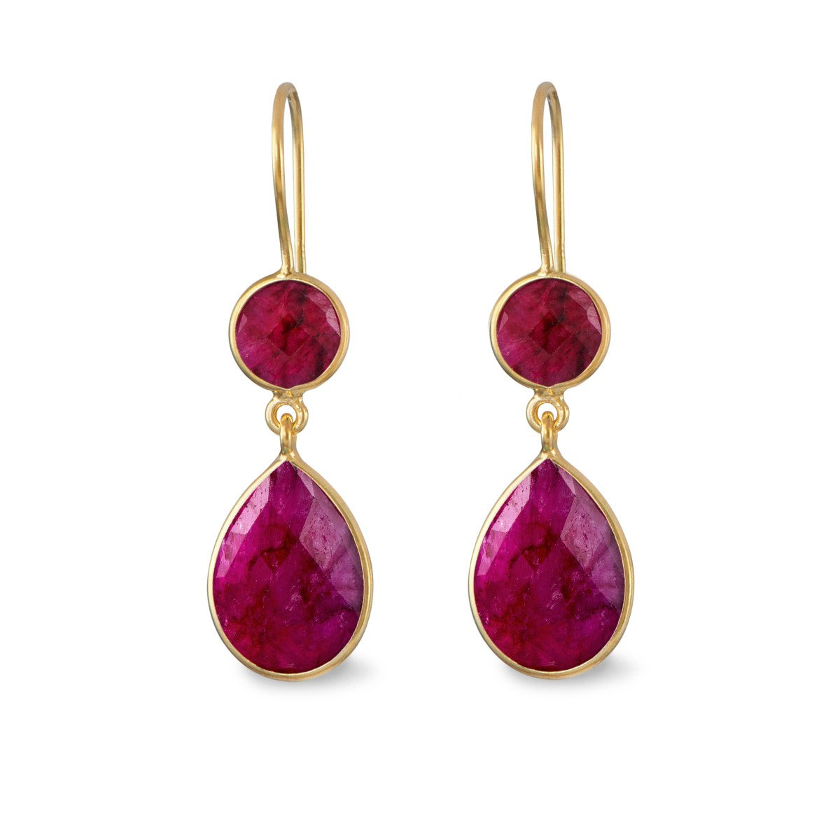 Ruby Quartz Gemstone Two Stone Earrings in Gold Plated Sterling Silver - Teardrop