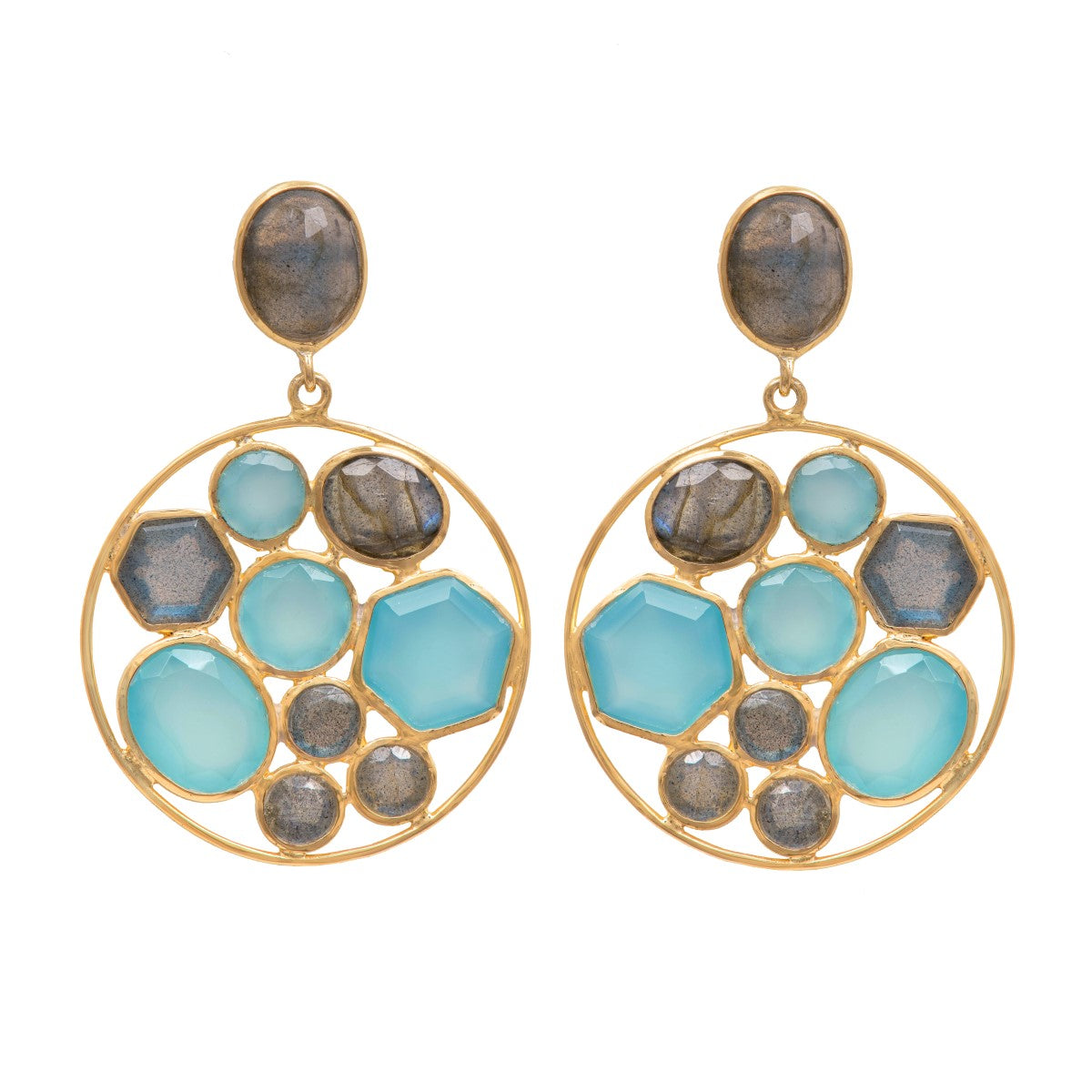 Long Gemstone Earrings with a Round Disc Drop with Stones in Gold Plated Sterling Silver - Aqua Chalcedony and Labradorite