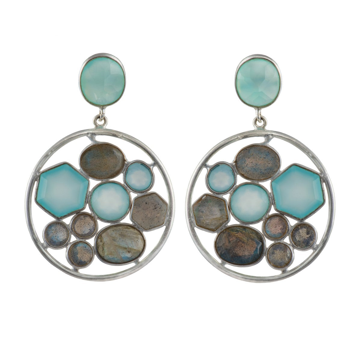 Long Gemstone Earrings with a Round Disc Drop with Stones in Sterling Silver - Aqua Chalcedony and Labradorite