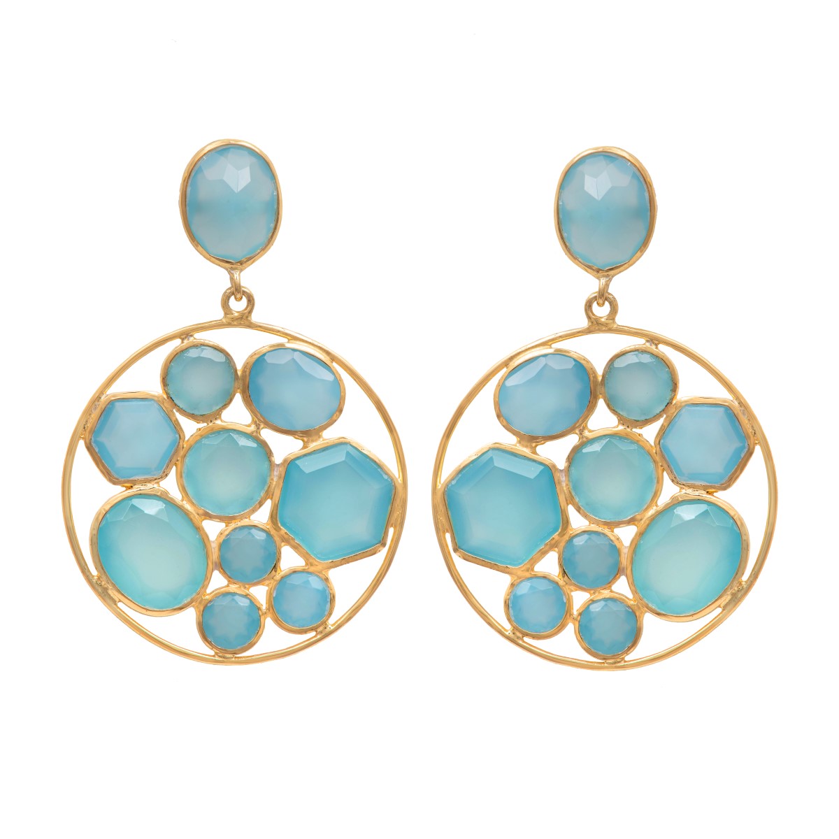 Long Gemstone Earrings with a Round Disc Drop with Stones in Gold Plated Sterling Silver - Aqua Chalcedony