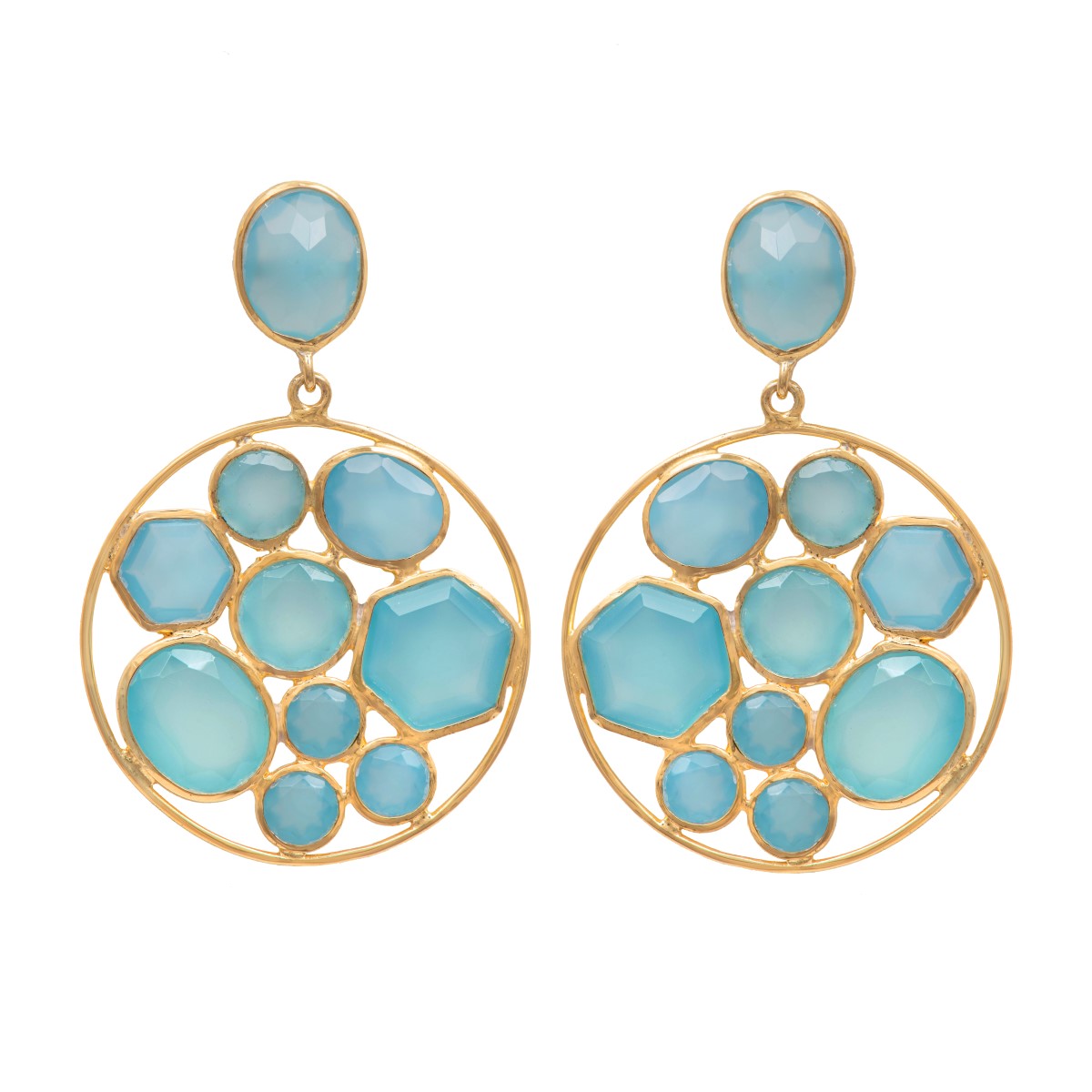 Long Gemstone Earrings with a Round Disc Drop with Stones in Gold Plated Sterling Silver - Aqua Chalcedony and Blue Topaz