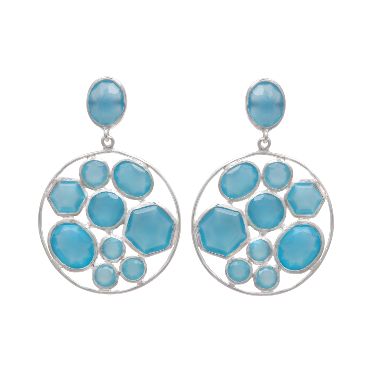 Long Gemstone Earrings with a Round Disc Drop with Stones in Sterling Silver - Aqua Chalcedony and Blue Topaz