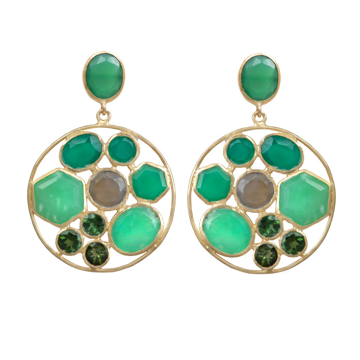 Long Gemstone Earrings with a Round Disc Drop with Stones in Gold Plated Sterling Silver - Green Chalcedony and Green Onyx