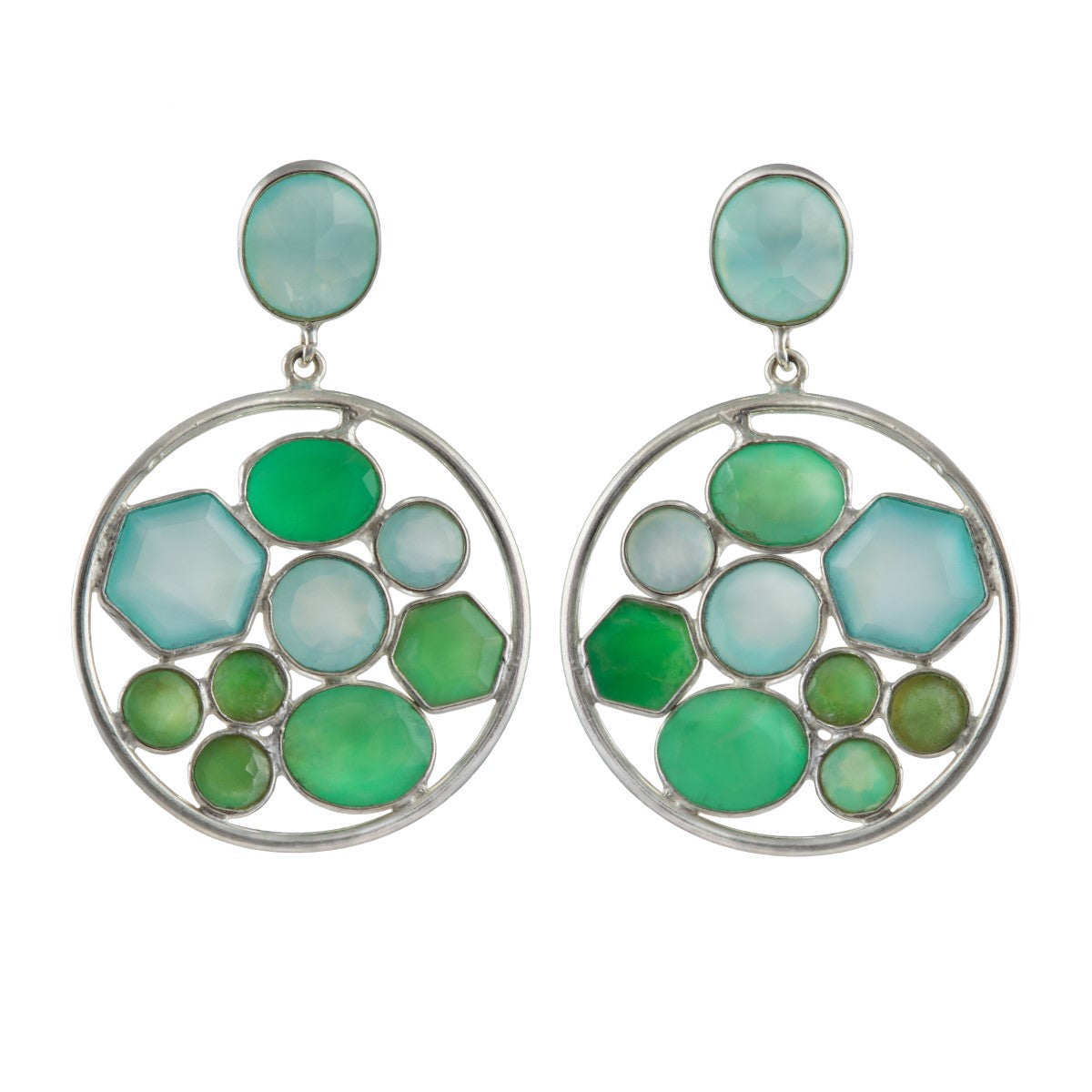 Long Gemstone Earrings with a Round Disc Drop with Stones in Sterling Silver - Green Chalcedony and Green Onyx