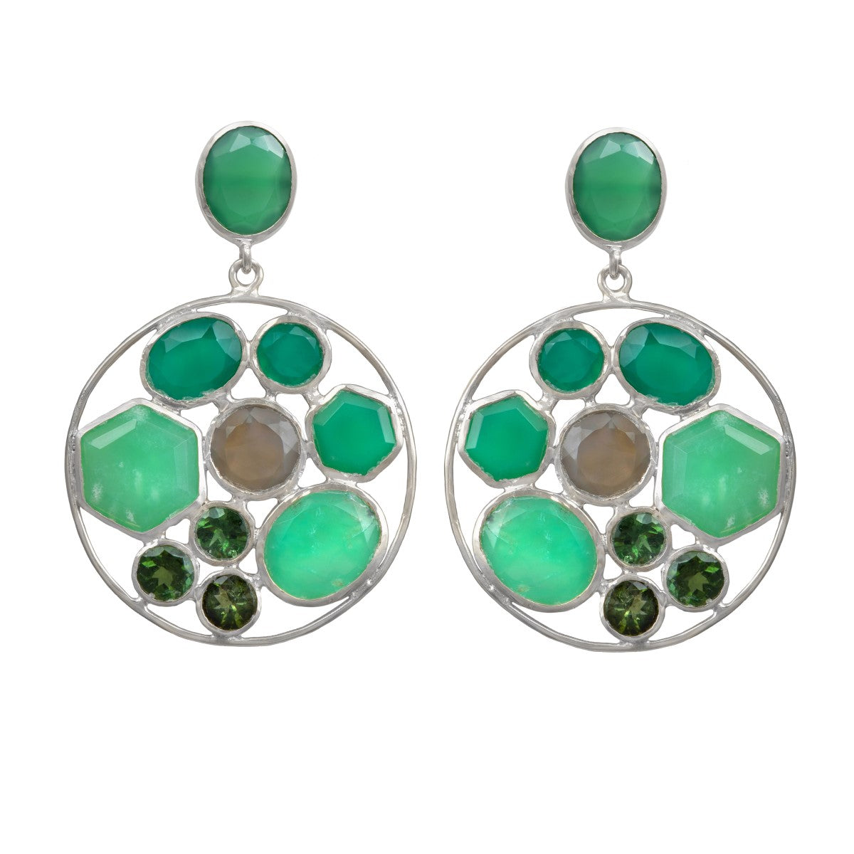 Long Gemstone Earrings with a Round Disc Drop with Stones in Sterling Silver - Green Chalcedony and Green Onyx