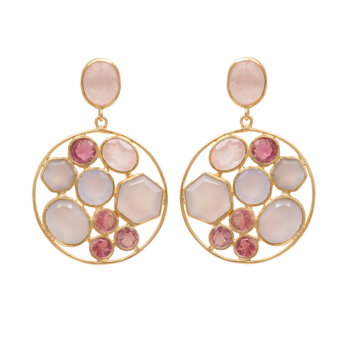 Long Gemstone Earrings with a Round Disc Drop with Stones in Gold Plated Sterling Silver - Rose Quartz and Pink Chalcedony
