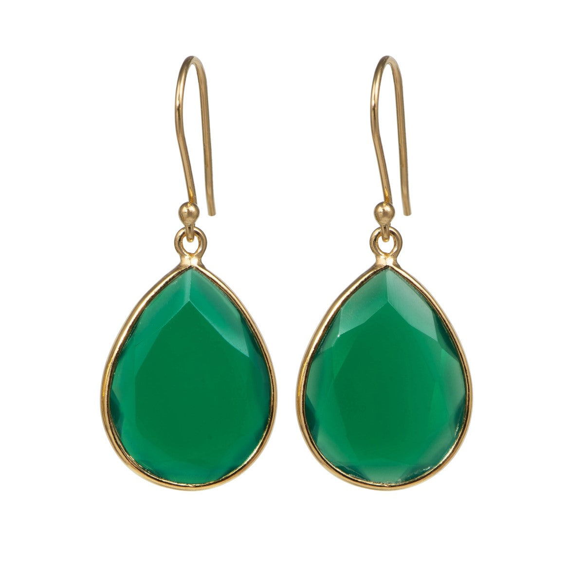 Green Onyx Gold Plated Sterling Silver Earrings with a Tear Drop Shaped Gemstone
